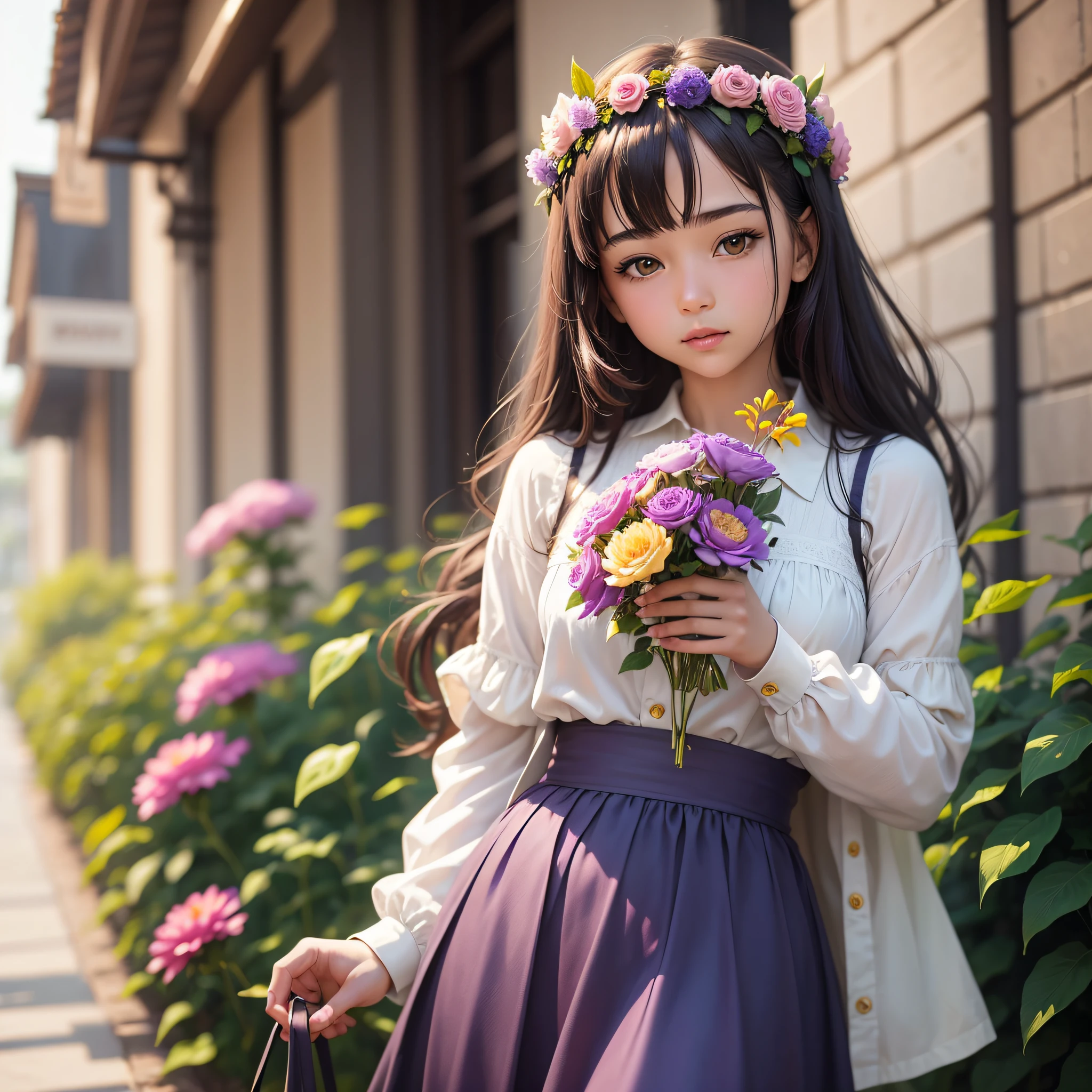 Please use artificial intelligence algorithms to generate a realistic image of a girl holding a purple dahlia flower. The image must have a resolution of 1920x1080 pixels and be in JPEG format. The girl should be wearing a yellow blouse and a blue skirt, and the flower should be displayed in the foreground, in sharp focus. The background should be blurred and blurred, to give prominence to the girl and the flower. The style of the image should be realistic, but with an artistic touch, to make it unique and attractive. Please make sure the image is ready within 30 minutes of request. --auto --s2