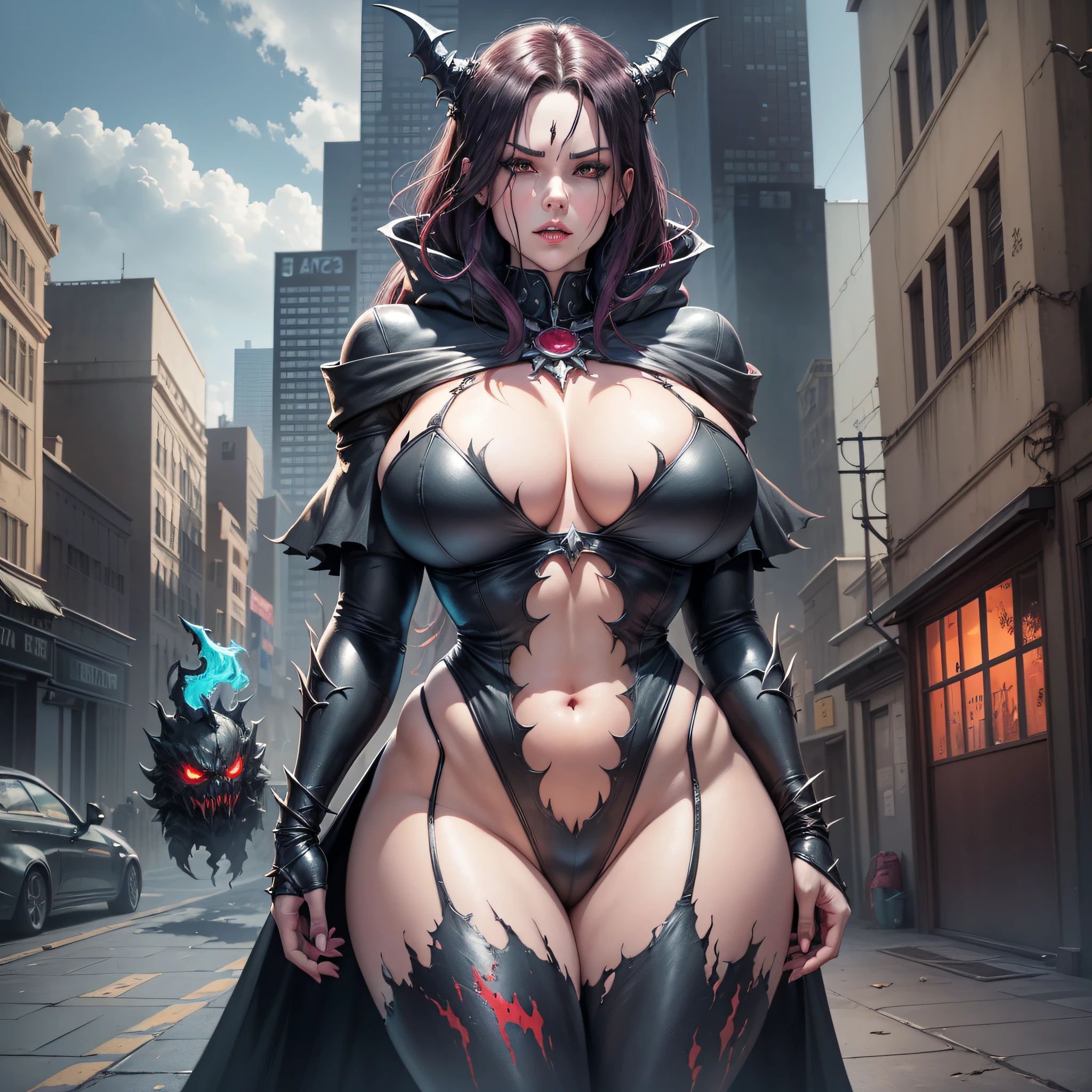 Create a female version of Spawn, make it with more demonic and monstrous, and more faithful to the character of the comics ((large breasts: 3)), wide hips and thick thighs, add a dark landscape that matches the character --auto --s2