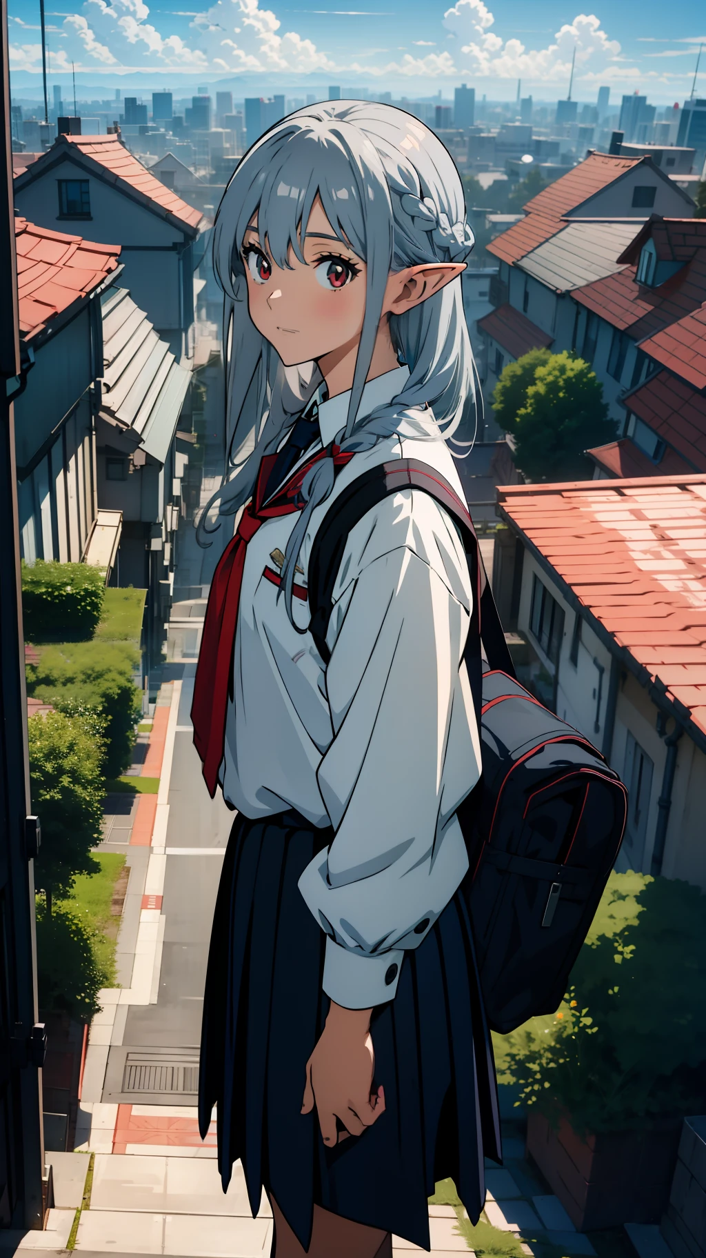 Overlooking the city, close up of one girl, elf, silver hair, red eyes, braid, school uniform, walking, school scene, concept art, beautiful anime scene, beautiful anime landscape, top rated on pixiv, best quality, 4K