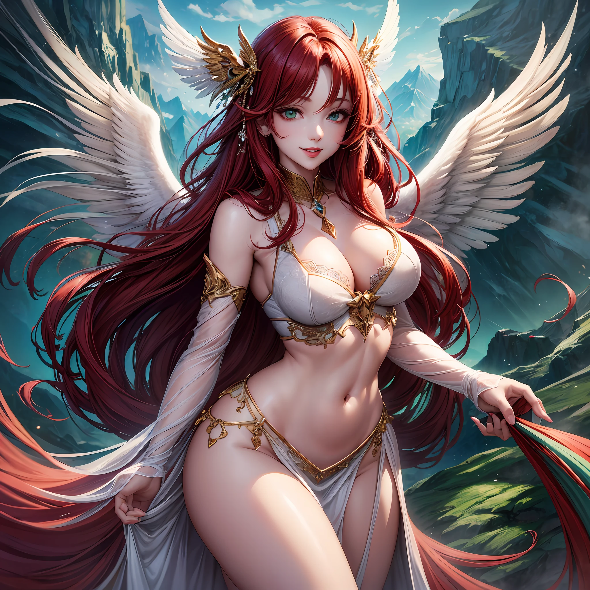 a female angel with white wings, long red hair, green eyes, very beautiful, sensual, transparent nightgown, thick lips with red lipstick, thin waist, wide hips, thick legs, belly out, smiling, full body, super detailed, ultra realistic, 4K, anime style, background with detailed mountains of bright blue sky. --auto --s2