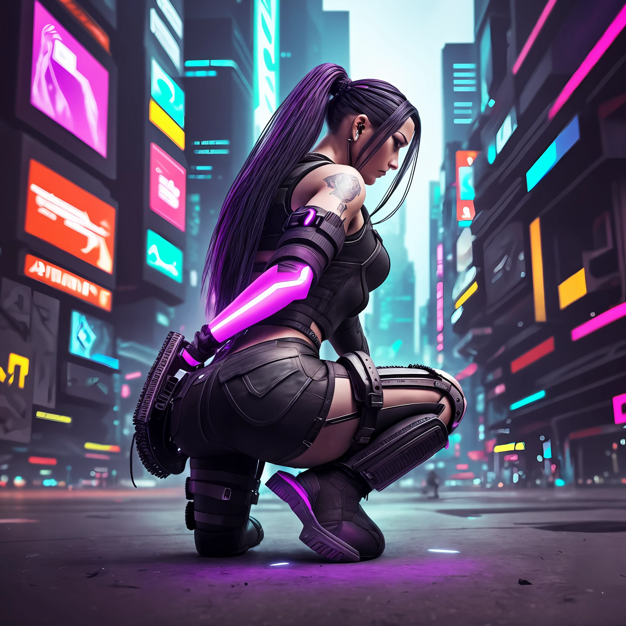 Cyberpunk woman kneeling on the ground, from behind,