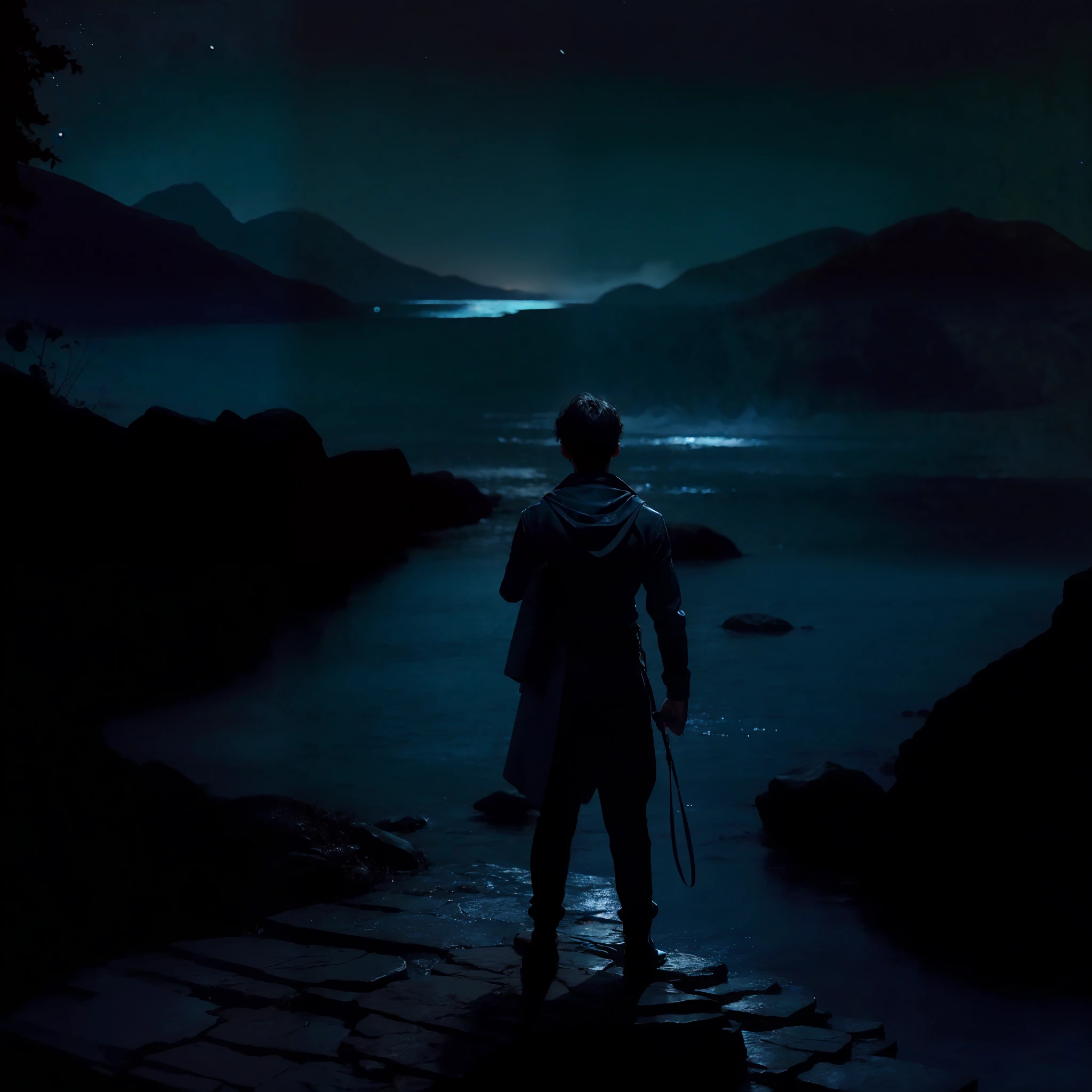 teenage boy and his dog, standing on an ancient rock, perfect body, dark cinematic, beautiful face ,night, dark night, blue moon, ultra high quality, fireflies, magical, mysterious, full blue moon, photo realistic, silhouette, ultra hd, fireflies in the background, no lights