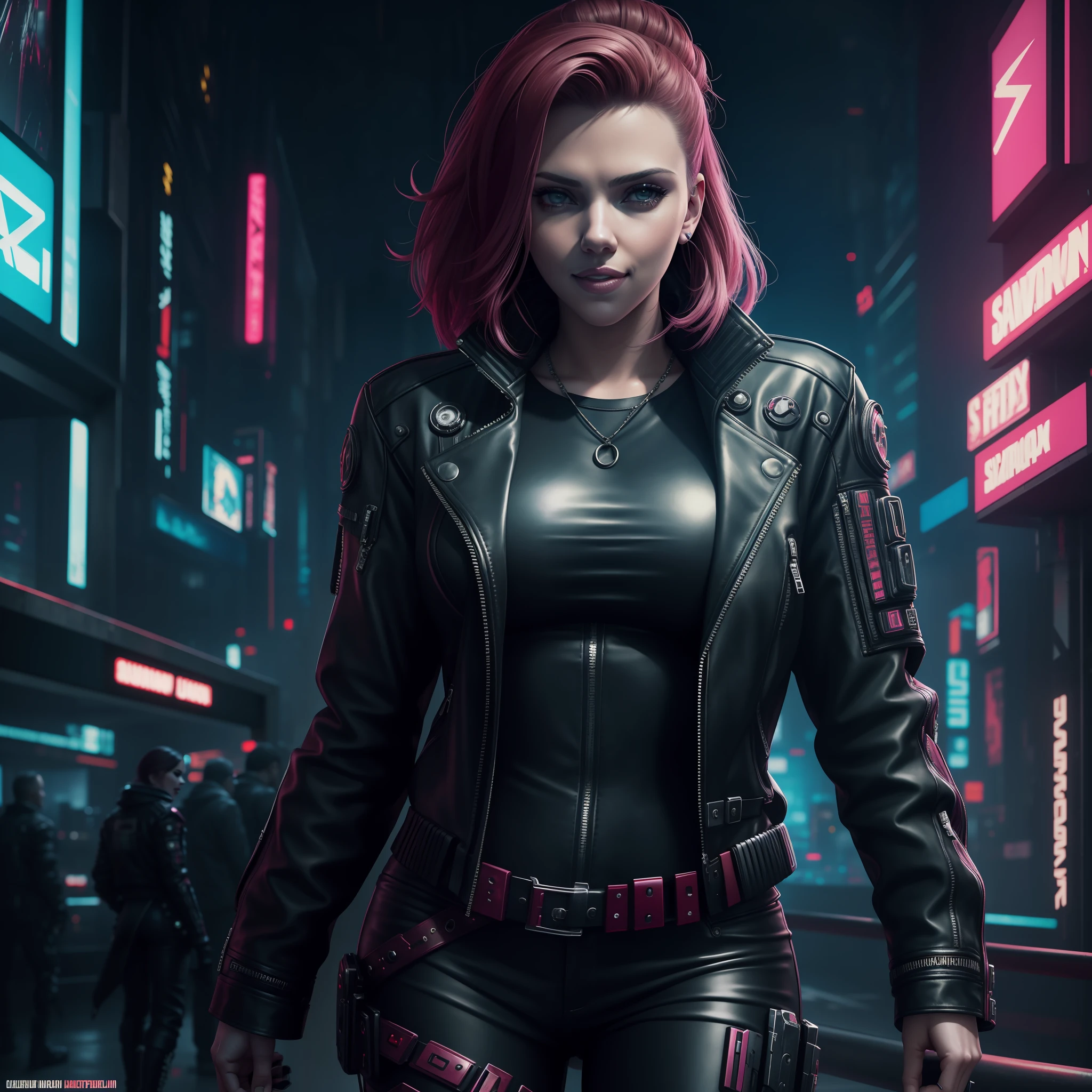 a closeup of Scarlett Johansson 26 years old in a leather jacket and pants, wearing cyberpunk leather jacket, raymond swanland style, cyberpunk character art, Scarlett Johansson female cyberpunk, cyberpunk fashion, stunning character art, cyberpunk fashion clothes, female cyberpunk, dark cyberpunk fantasy seductive, by Yang J, cyberpunk fashion clothes, cyberpunk girl, cyberpunk clothes, smiling, smiling