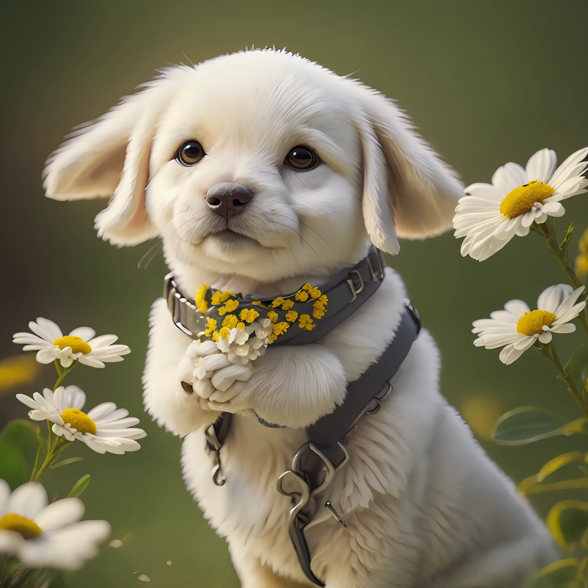 Yellow dog, anthropomorphic, vest, big eyes, cute, melancholy, blurry, hands, white flowers, real, depth of field, deep shadow, (dark: 1.4)