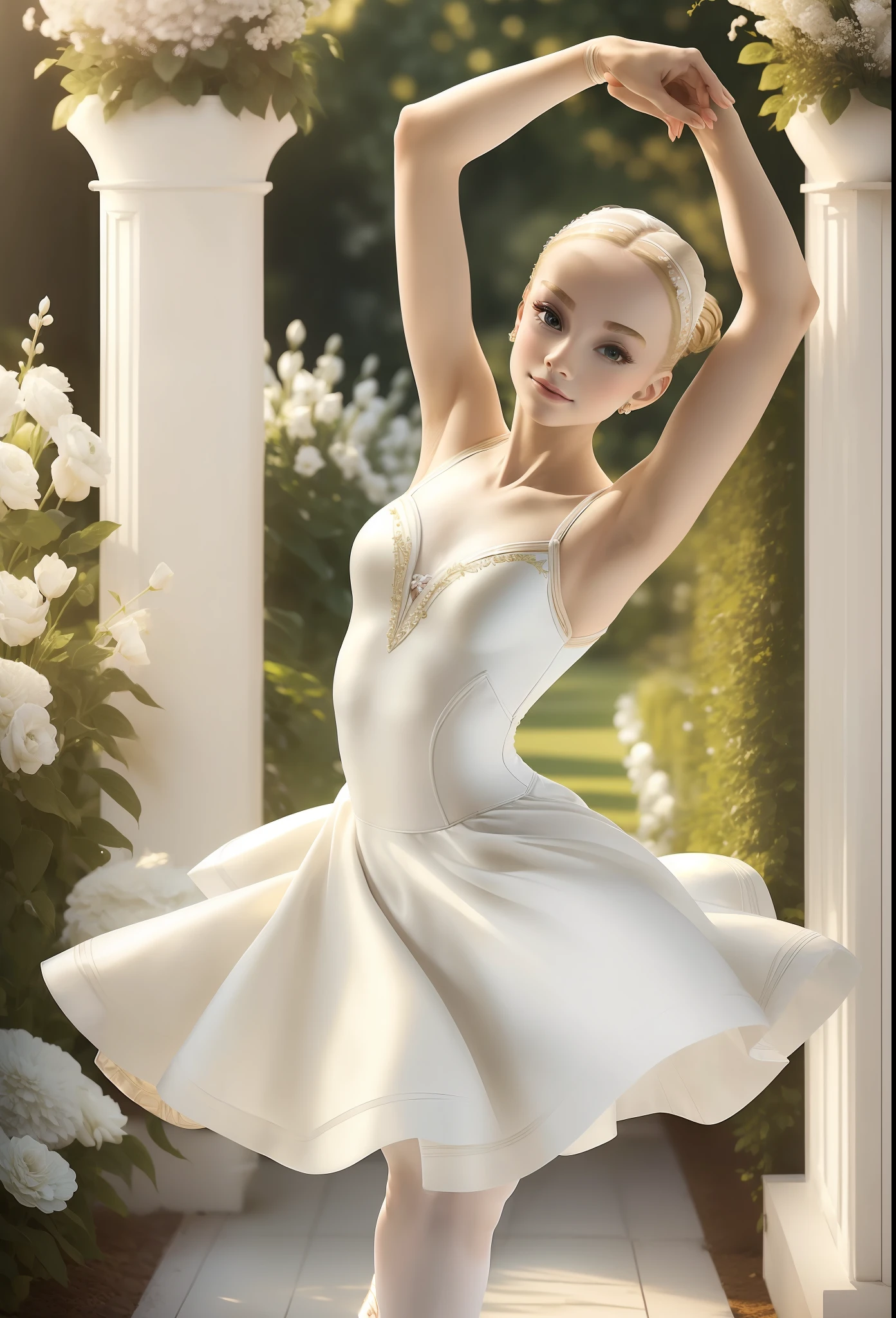 (Beautiful ballerina:1.4),(white dress:1.3),(elegant dance),(blonde hair:1.2),(garden:1.1)