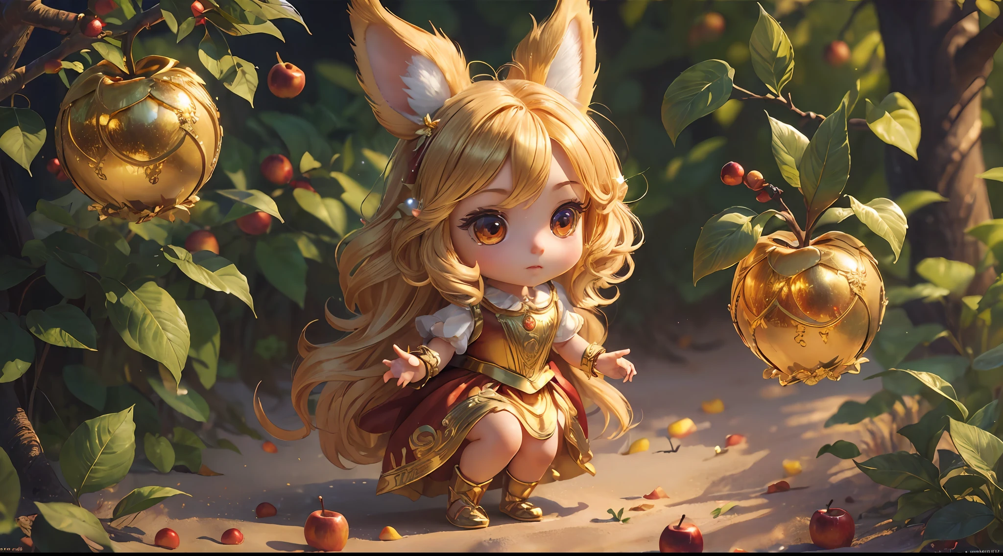 (((Masterpiece)))), (((Best Quality)))), ((Super Detail)), (Highly Detailed CG Illustration), 10K, Cinematic Golden Light, Intricate Details, Full Body, Chibi, Golden Hair, Red Eyes, Full Body, Rabbit Ears,Beach Background, Golden Apple Tree, Golden Apple, Real, --auto --s2