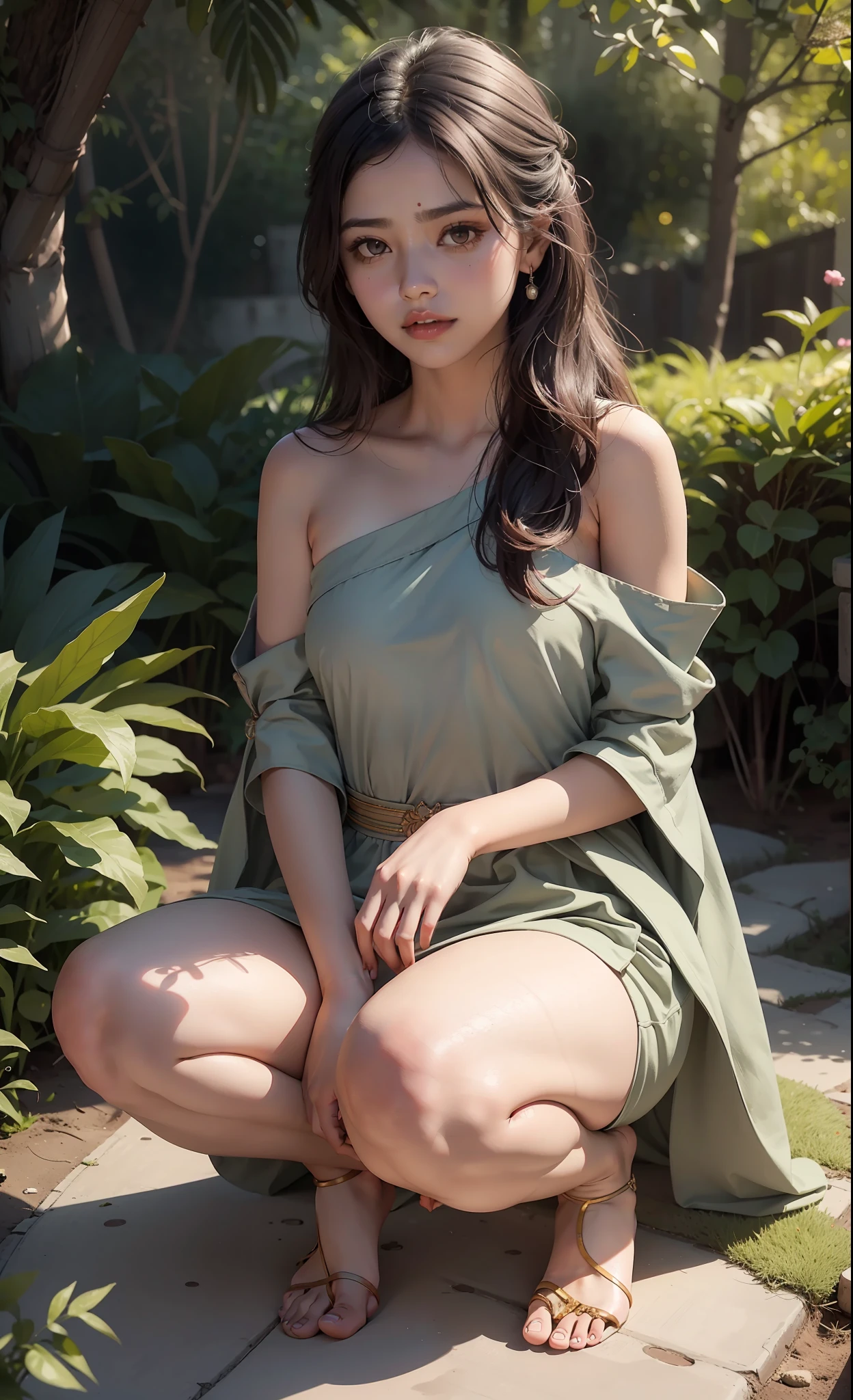 Ground view, concept art, small chest, hips, look at viewer, on ground,Pop a Squat, SEDUCTIVE, shy blush face, sexual expression, 1 Indian girl, wearing long small dress, bare shoulder, unconcerned, NSFW, quality, in the garden, contrast, dark, little chubby,