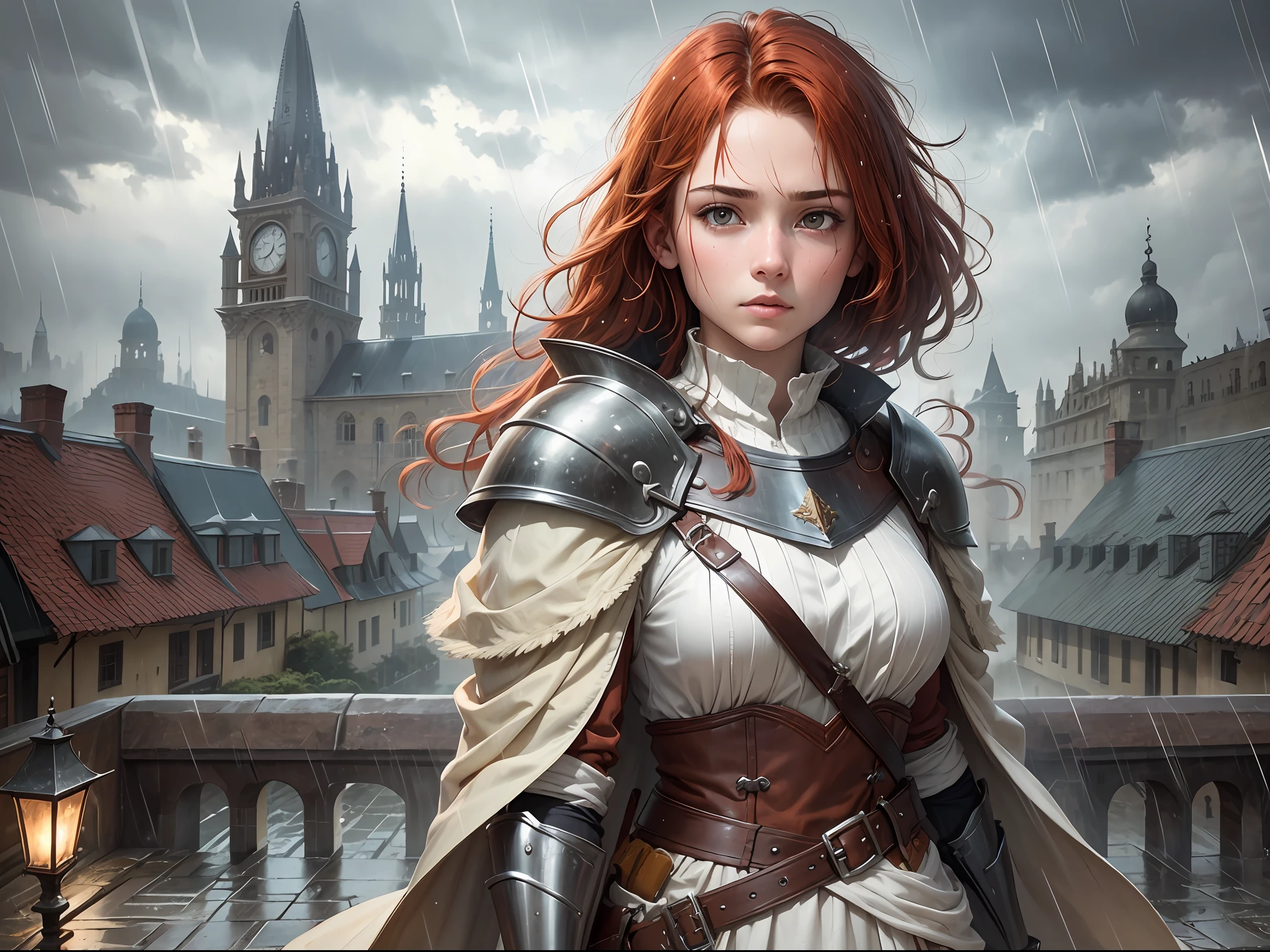 Cinematic portrait of a -yeld gifrom afar, dashing warrior with short, red hair, looking at the rain falling, bathed in rain, wearing brown and white robes, costume, raining, rain particles, walking through the rain, epic scene, fearless look, alone, background with destroyed city, medieval, epic scene, dry leaves flying in the air, detailed scenery with a medieval irgreja - --auto --s2