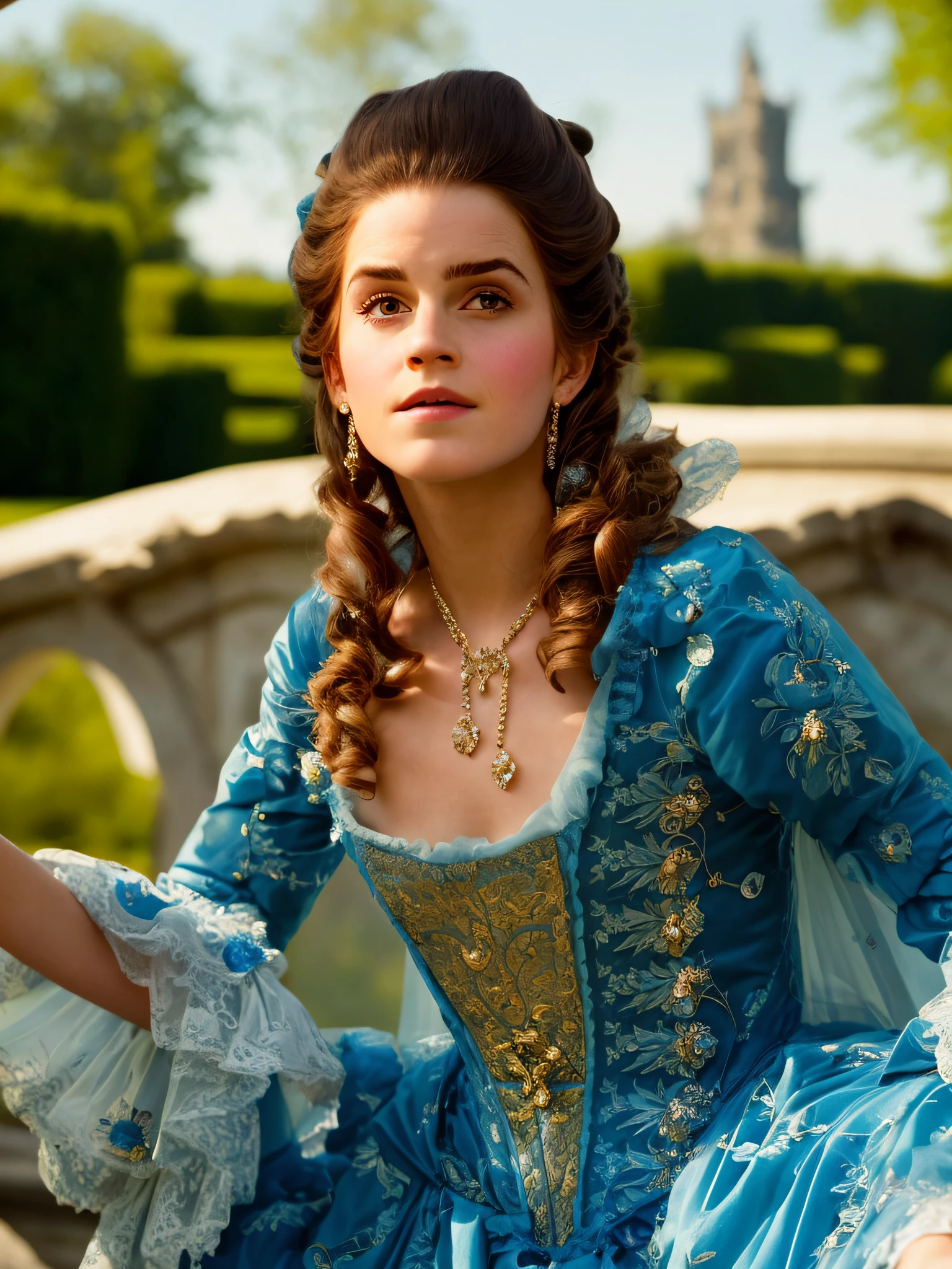there is a woman in a blue dress sitting in a carriage, film still by Emma Watson, Rococo dress, film still by Emma Watson, Rococo fashion, aristocratic clothes, dress in the style of Rococo, Rococo queen, 1 7th century duchess, intricate costume, biopic, 1 8th century style, kiera knightley, rococo