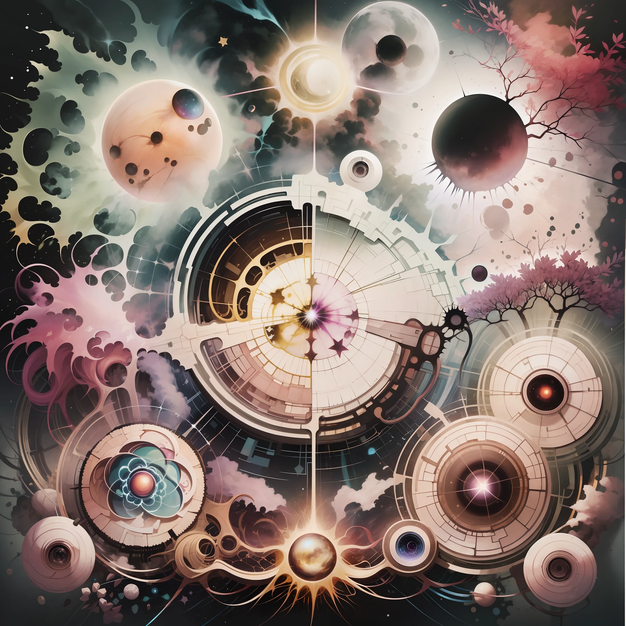 Principle of the universe and times; divine creation, creation; darkness, stars, explosion, light, electricity, energy, cosmic energy, bright light, stars and stars