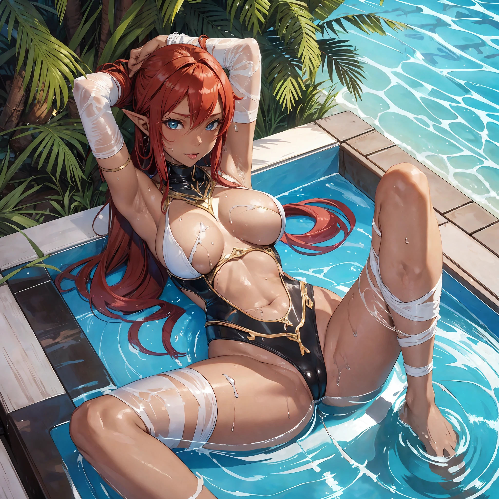 solo,full body, sexy white latex fullbody swimsuit, View from above, (gerudo woman from legend of zelda), ((dark skin)), red hair, perfect body, looking with anticipation and extasy into camera, masterpiece, hyper realistic anime art, (((erotic pose))), seductive, sexy, 1 girl, ahegao, tongue out, saliva dripping, pure pleasure face, (sunscreen drips on breasts), sweating, wet skin, erotic, poolside, cleavage, lying on pool float, stretched legs, hand behind head --auto --s2