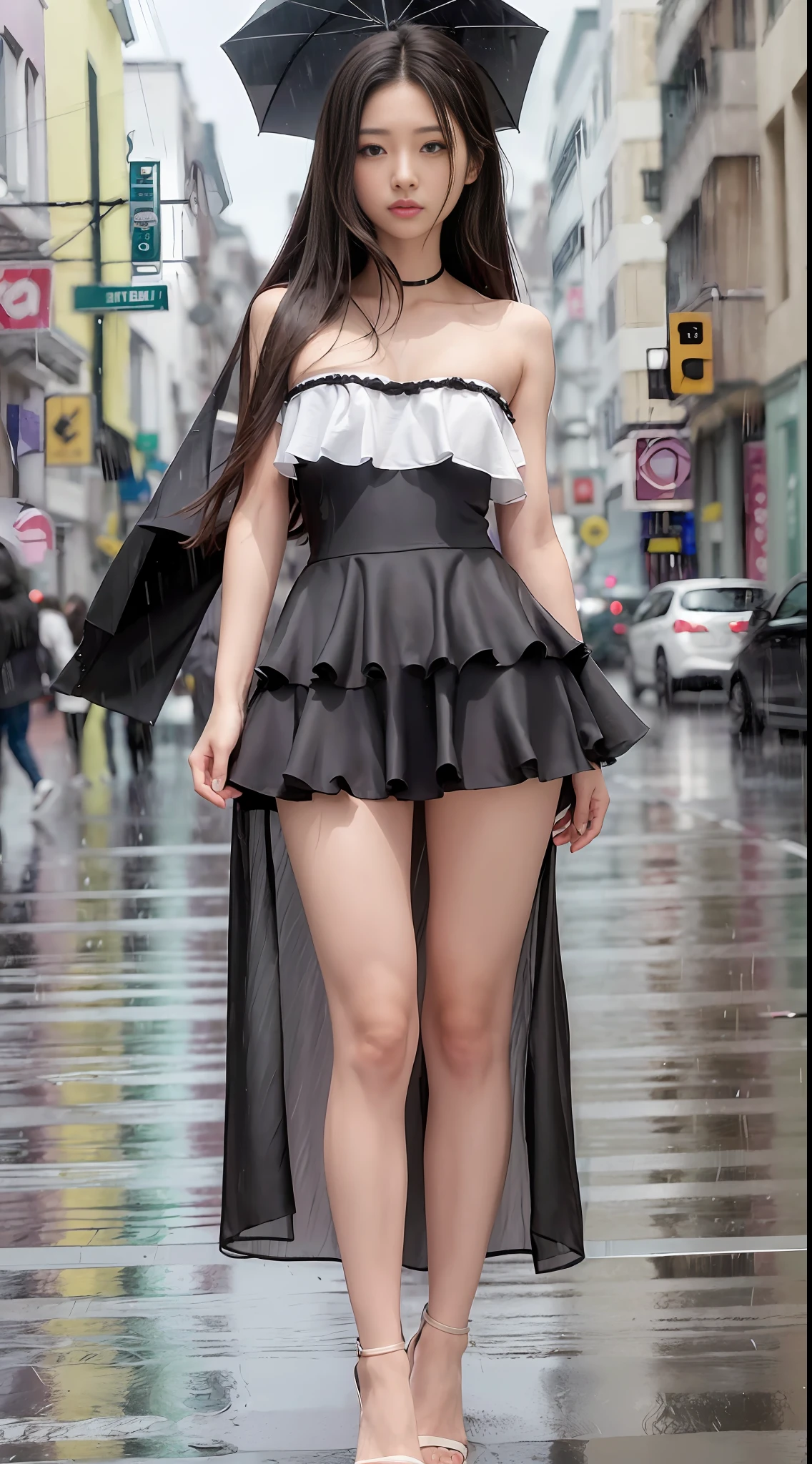 ((Best Quality, 8k, Masterpiece: 1.3)), Focus: 1.2, Perfect Body Beauty: 1.4, Buttocks: 1.2, ((Layered Haircut, Flat Chest: 1.2)), (Rain, Street:1.3), Bandeau Dress: 1.1, Highly Detailed Face and Skin Texture, Fine Eyes, Double Eyelids, Whitened Skin, Long Hair, (Shut Up: 1.3), Full Body