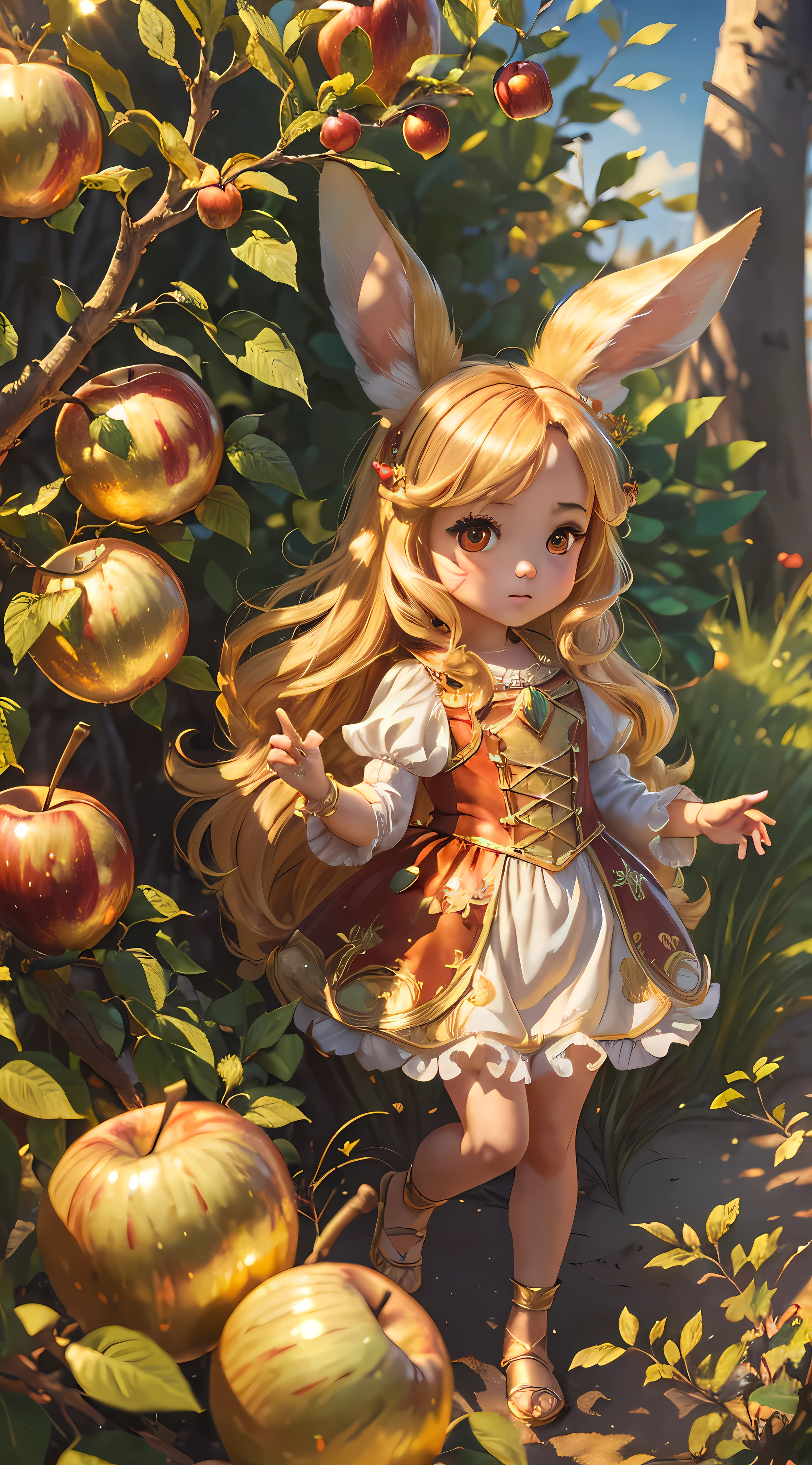 (((Masterpiece)))), (((Best Quality)))), ((Super Detail)), (Highly Detailed CG Illustration), 10K, Cinematic Golden Light, Intricate Details, Full Body, Chibi, Golden Hair, Red Eyes, Full Body, Rabbit Ears,Beach Background, Golden Apple Tree, Golden Apple, Real, --auto --s2