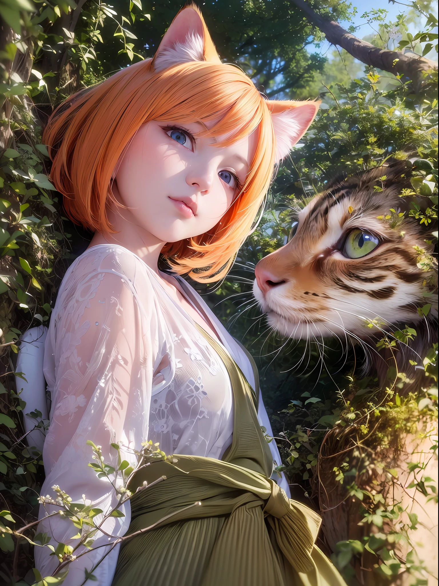 ((masterpiece)), (ultra high res,photorealistic,realistic,best quality,photo-realistic), (((high detailed skin,visible pores))),(real person,photograph), (8k, raw photo, best quality, masterpiece),(1 cute girl),(bob cut), (short orange hair), ((cat ear)), ((Japanese clothes)), Japan, sakura, flowers, ((covers the face)), (green eyes), (orange tail), naked, automatic white balance,(((face close-up))), ((((looking at viewer))))
