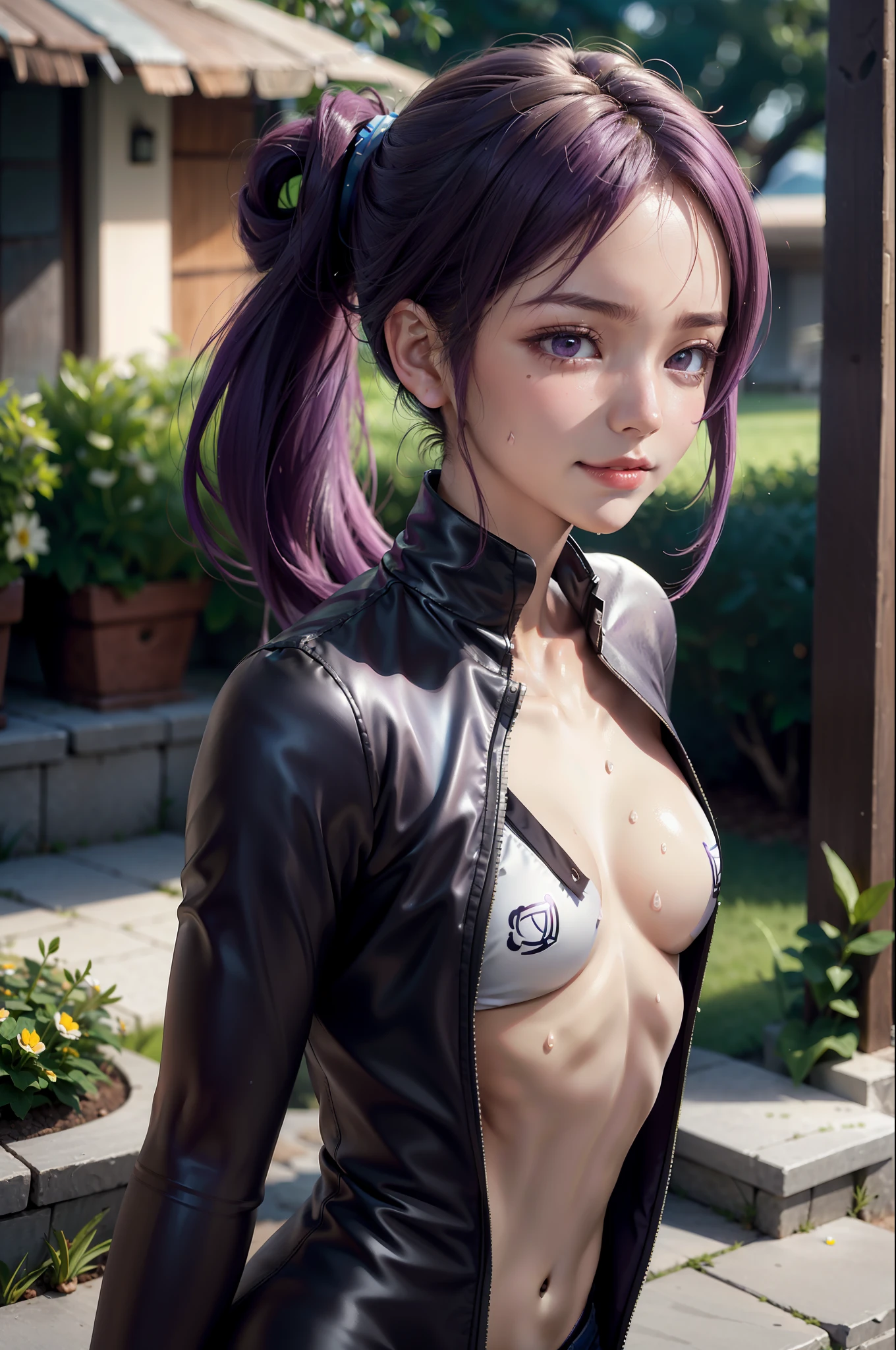 (Best Quality: 1.1), (Masterpiece: 1.2), Portrait,
1 Girl, yuzuriha_, Purple hair, Brown eyes, Ninja, Open clothing, Cleavage, Small tits, Top knots, Mid hair, Detached breasts, White band, Grinning, Outdoors, (blush:1.1), Flowers,
Pure_Innocent_girl, pureerosface_v1, ((torso))), subjective, ((((depth of field)))), pale and shiny skin, , sweating, wet skin