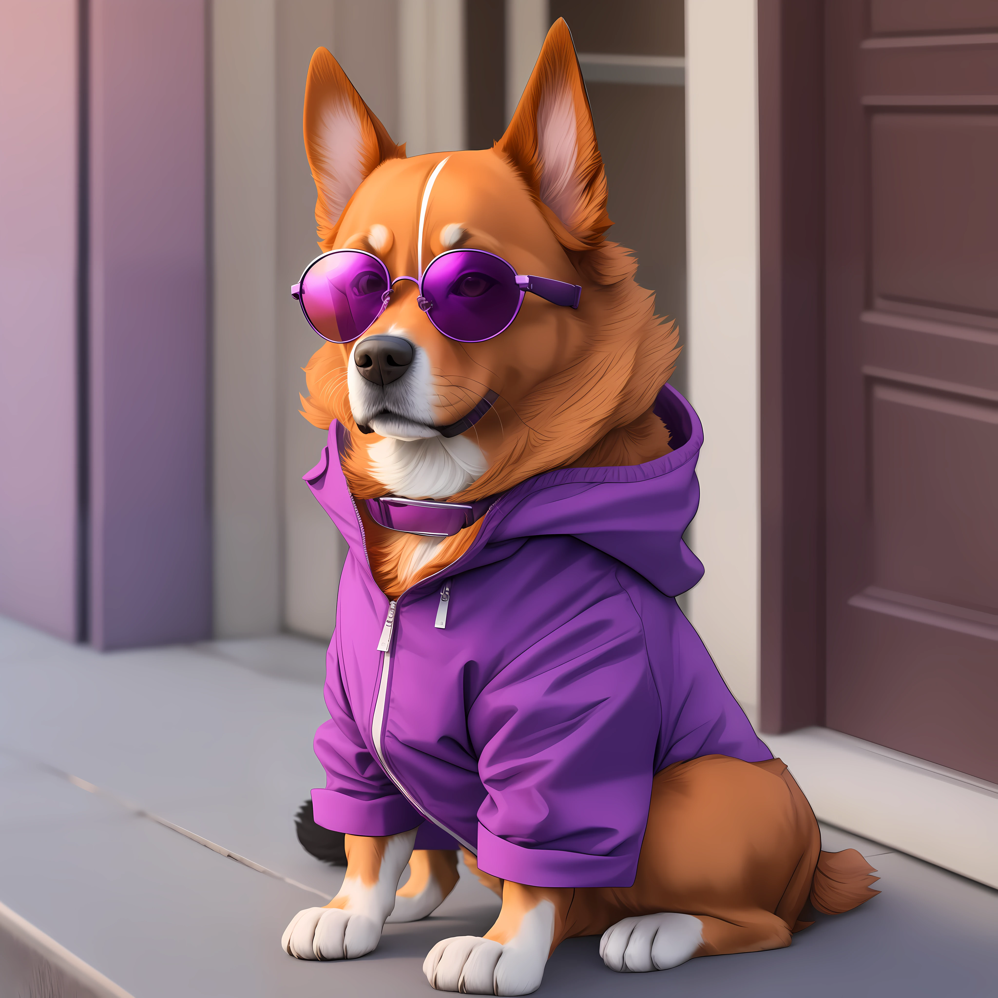 A dog in a purple coat with sunglasses (the lenses are orange in color) drinking a juice .