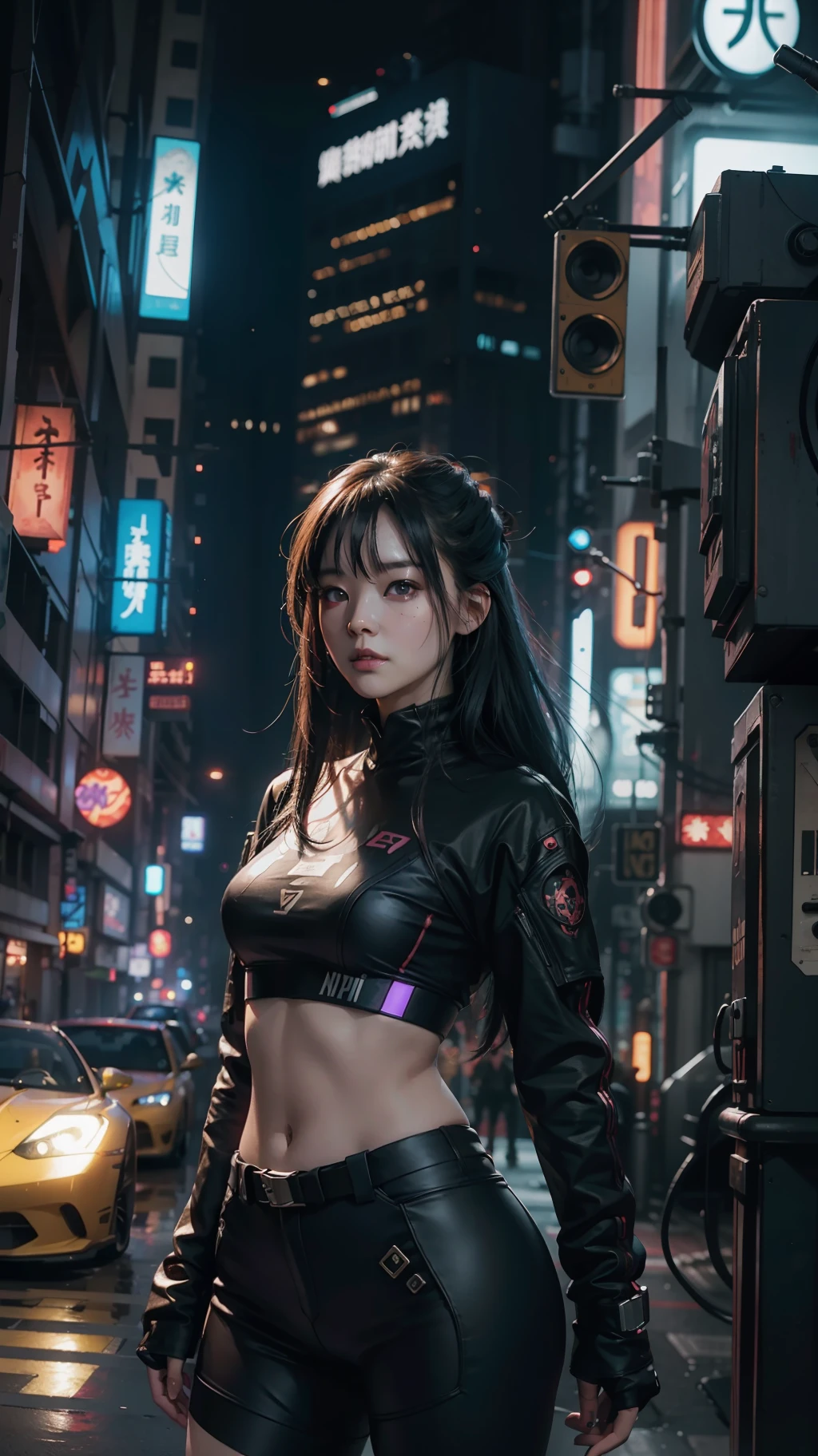 Beautiful hyperrealistic photograph of cute asian cyberpunk girl, wearing cyberpunk clothes, cluttered Blade Runner background, dynamic pose, concept art, By Brian Froud and Carne Griffiths and Wadim Kashin and John William Waterhouse, intricate detail, 8k post-production, High resolution, super Detail, trending on ArtStation, sharp focus, studio photos, intricate detail, depth of field, f/2.8, cinematic illumination, dark shadows.