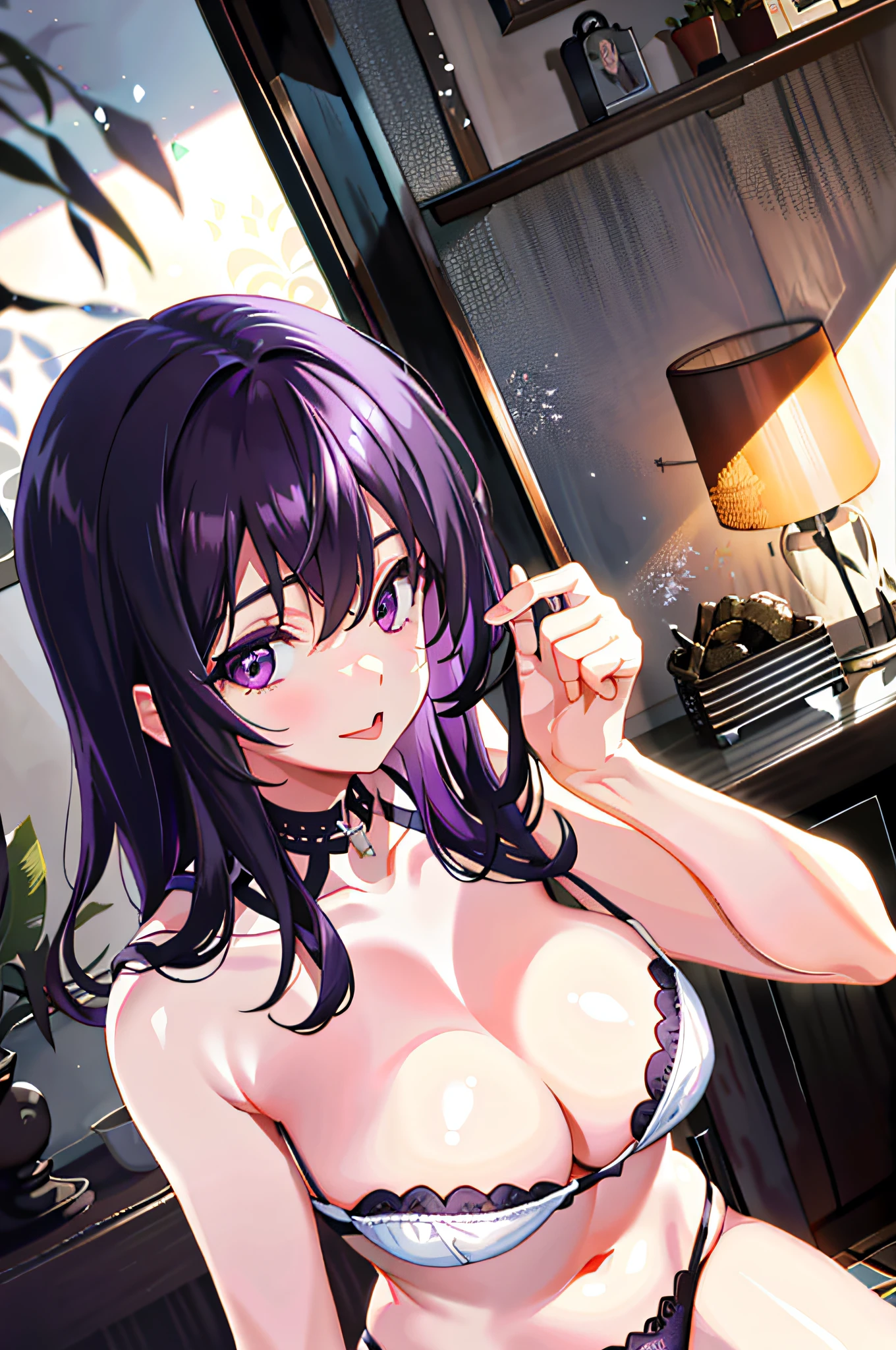 Black hair, in the cottage, lightly, white bra, side tie panties, purple eyes, on the tongue, holding breasts, vulgar face,