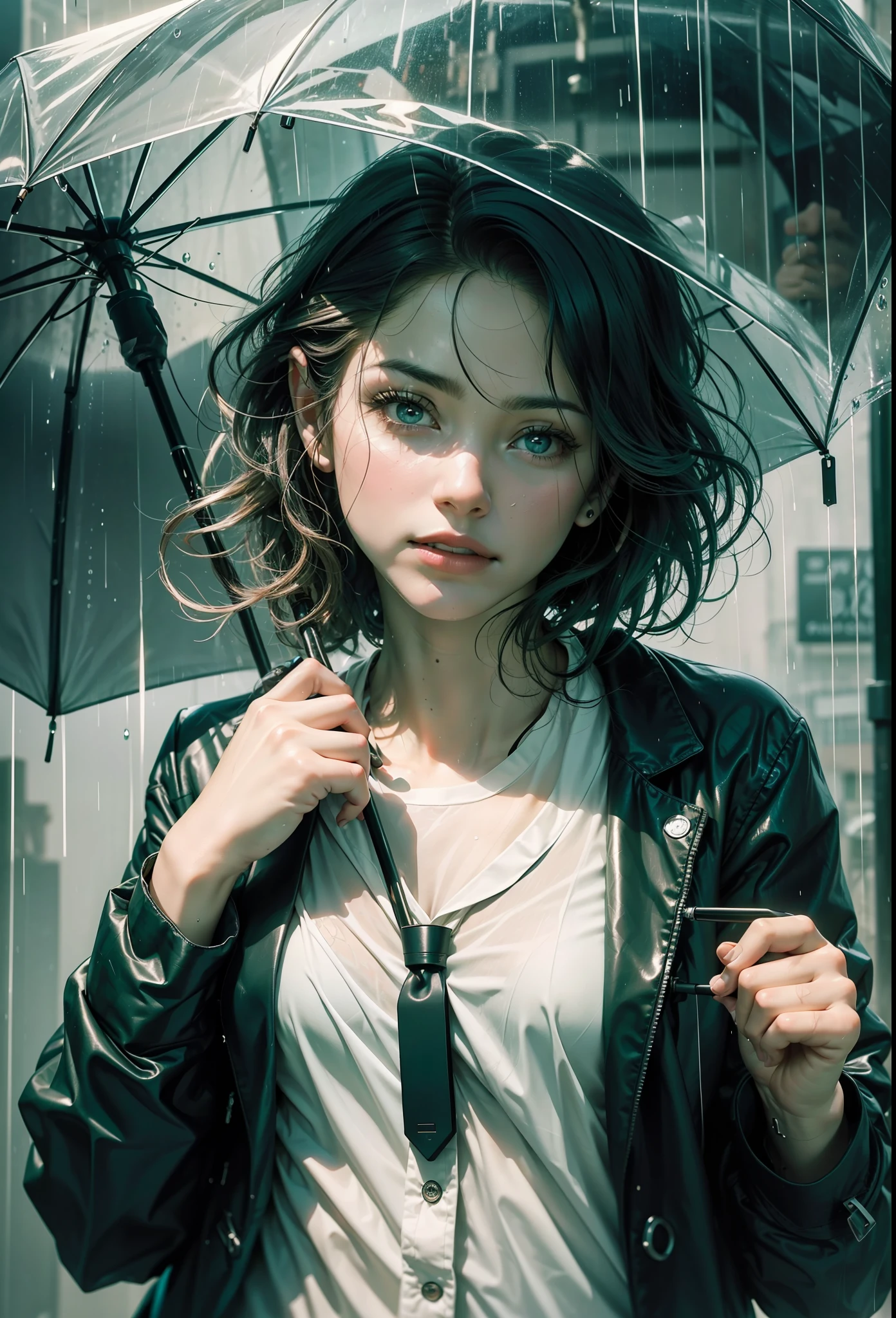 ((a beautiful reporter)) under the rain, soaked, wet hair, wet clothes, umbrella {broken:0.8} {floral :0.7} {black:0.7} {white:0.5} {green:0.3}, weather {stormy:0.7} {rainy:0.8}, {night:0.5} {twilight:0.6}, {mysterious:0.5} {romantic:0.3}, {dramatic:0.4}.