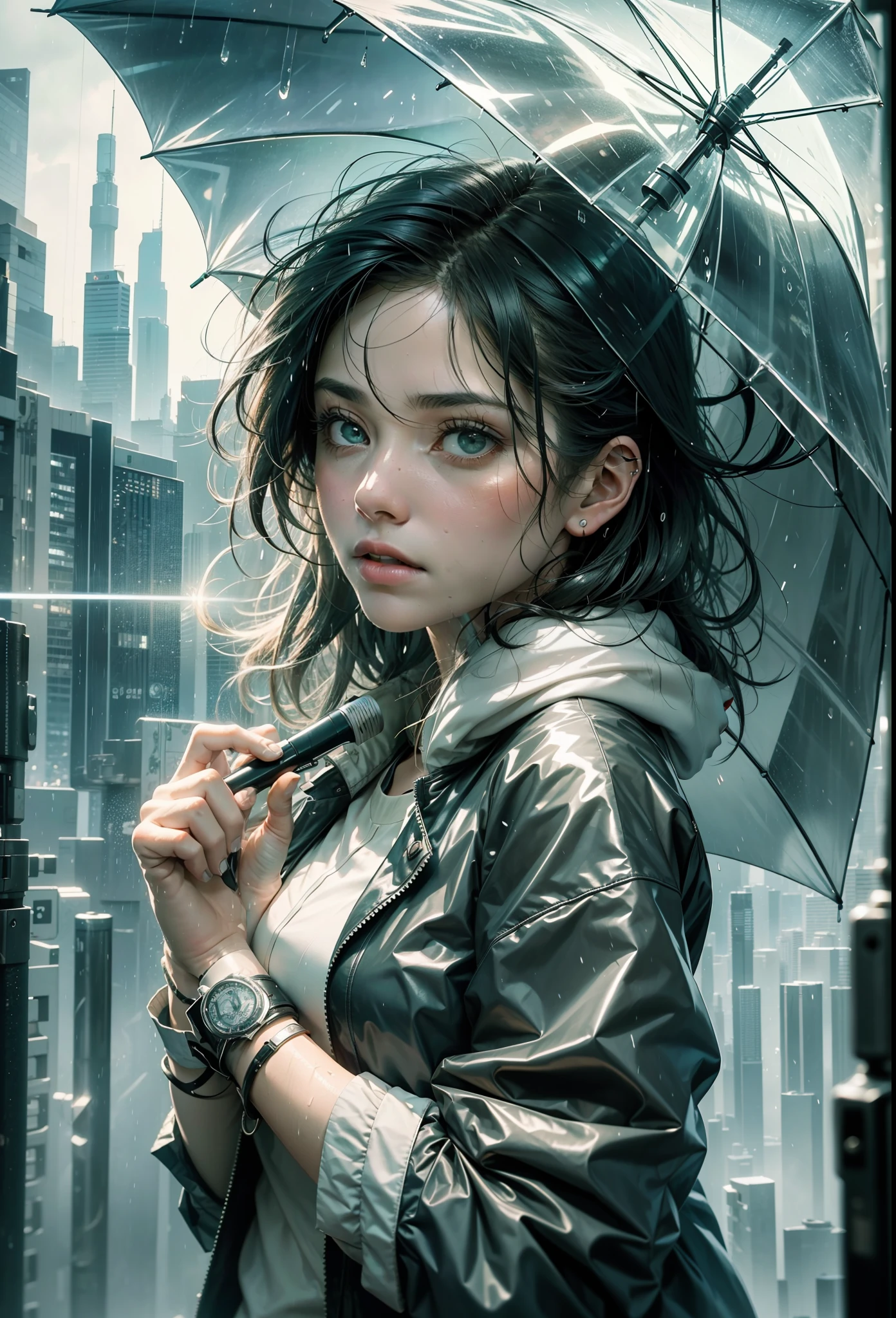 ((a beautiful reporter)) under the rain, soaked, wet hair, wet clothes, umbrella {broken:0.8} {floral :0.7} {black:0.7} {white:0.5} {green:0.3}, weather {stormy:0.7} {rainy:0.8}, {night:0.5} {twilight:0.6}, {mysterious:0.5} {romantic:0.3}, {dramatic:0.4}.
