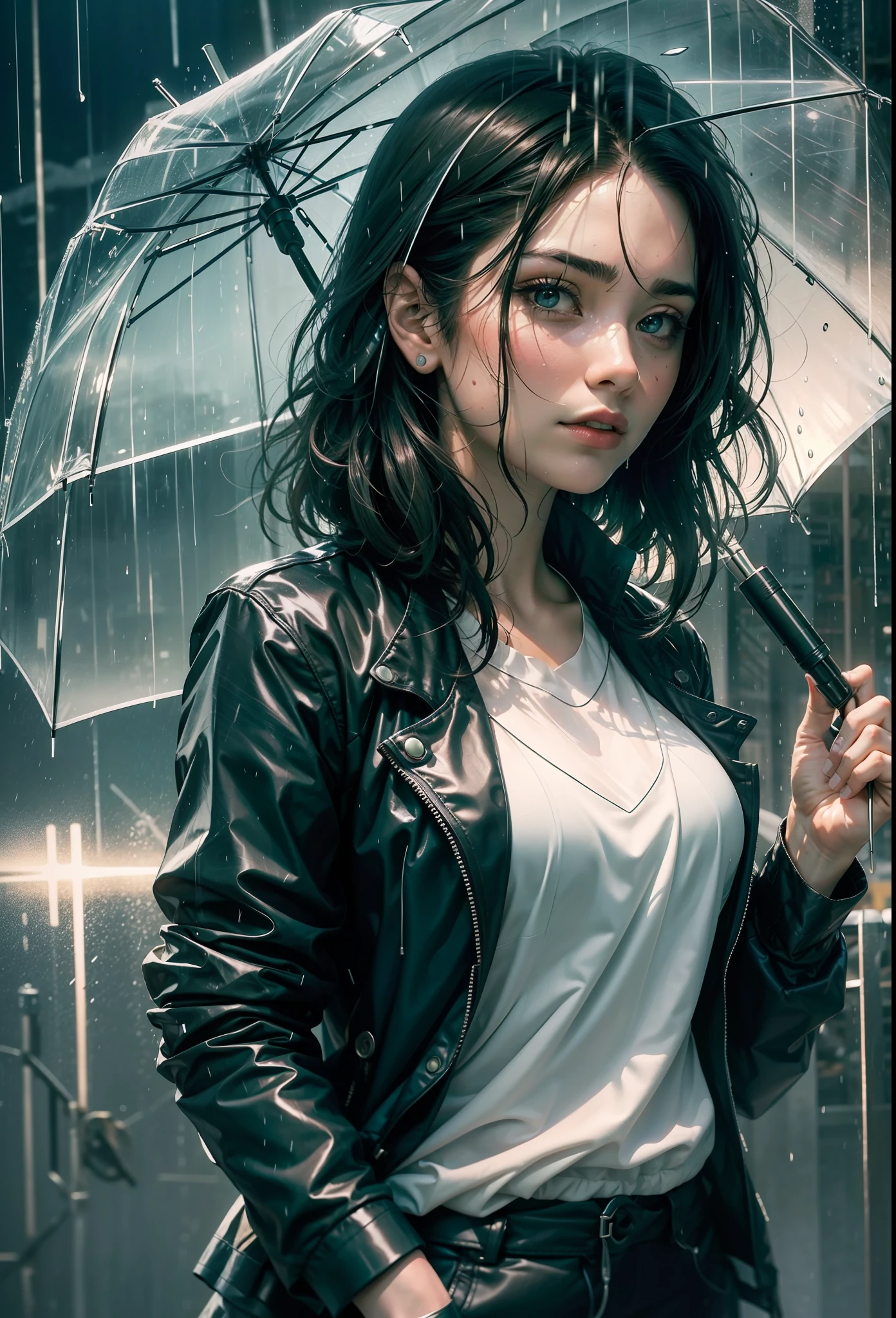 ((a beautiful reporter)) under the rain, soaked, wet hair, wet clothes, umbrella {broken:0.8} {floral :0.7} {black:0.7} {white:0.5} {green:0.3}, weather {stormy:0.7} {rainy:0.8}, {night:0.5} {twilight:0.6}, {mysterious:0.5} {romantic:0.3}, {dramatic:0.4}.