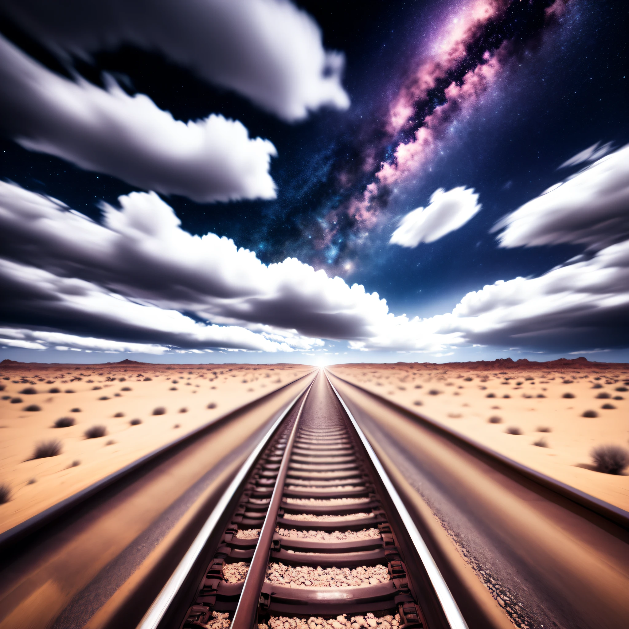 (CosmicTrain style:1) train traveling down train tracks through a desert, a cloudy night sky