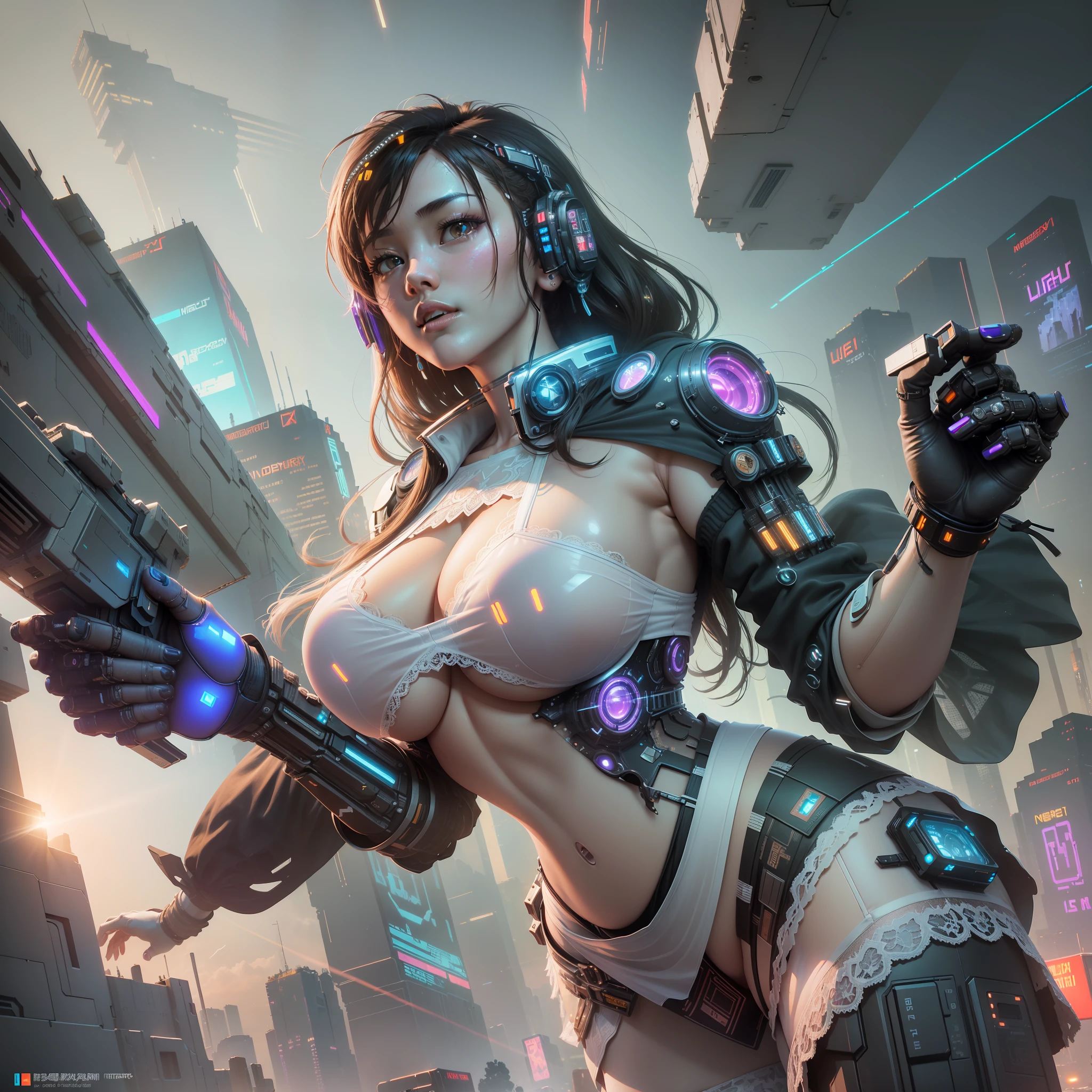 ((Best quality)), ((masterpiece)), (highly detailed:1.3), 3D, beautiful, (cyberpunk:1.6), in space, nebula, (holding_weapon:1.3), laser, (1Female mecha:1.3), sexy body, facing the audience, Glowing eyes, full body, (flying, swooping down, dynamic, motion blur: 1.4), (huge mech wings: 1.6), looking up, glowing_eyes, mecha, panorama, background is earth, nebula, space, particles, Reality, HDR (High Dynamic Range), Ray Tracing, NVIDIA RTX, Super Resolution, Unreal 5, Subsurface Scattering, PBR Textures, Post Processing, Anisotropic Filtering, Depth of Field, Maximum Clarity and Clarity, Multilayer Textures, Albedo and Specular maps, Surface shading, accurate simulation of light-material interaction, perfect proportions, Octane Render, two-tone lighting, large aperture, low ISO, white balance, rule of thirds, 8K RAW, efficient sub-pixel, sub-pixel volume product, (best quality),(Japanese:0.5),(korean:0.8), (Liu Yi Fei:1.5) long hair, (big breast:1.2),(underboob:1.5), (white transparent lace mini skirt:1.5)