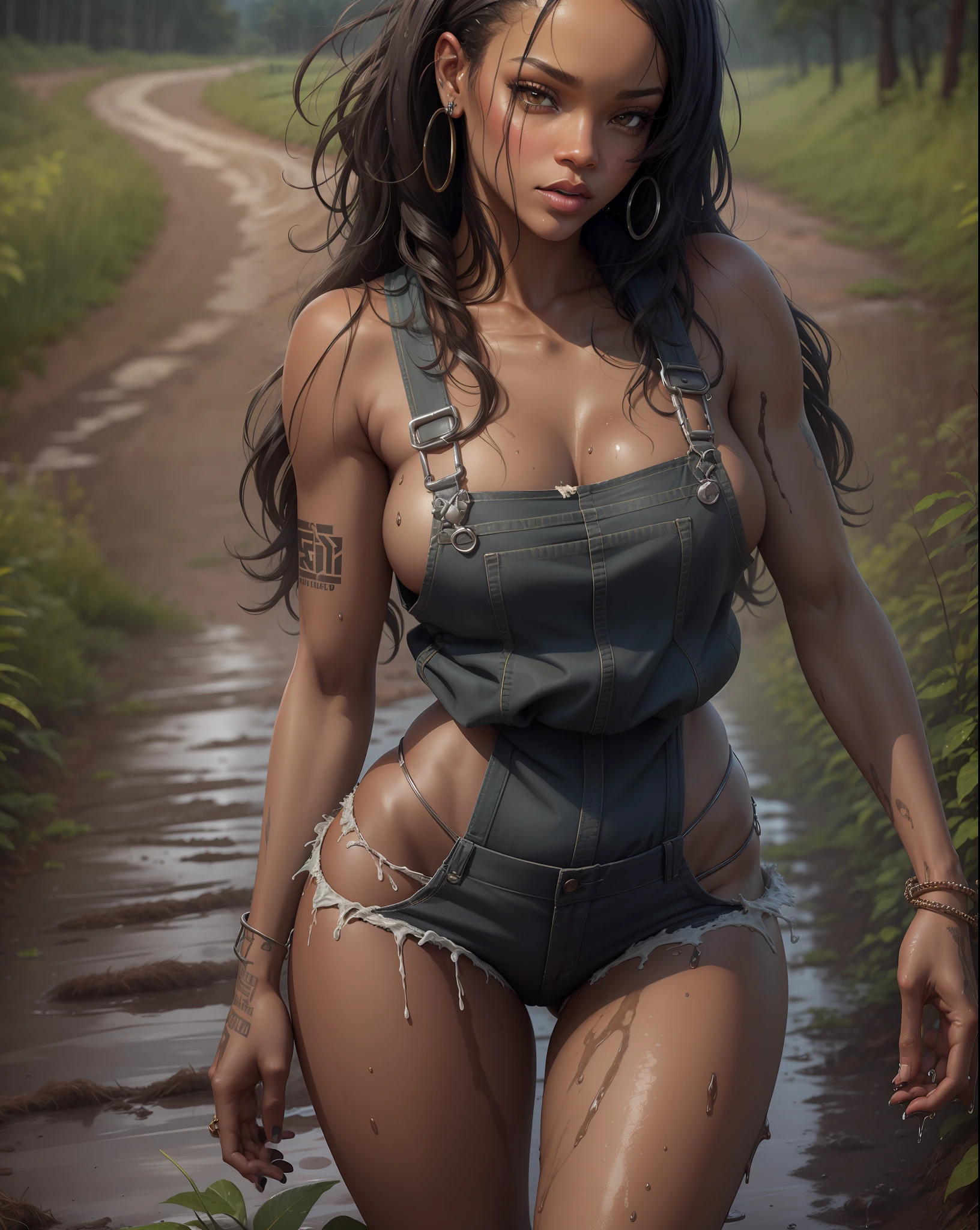 Rihanna, mud, dirty, honeydew, gorgeous face, loose hair, slippery body, wet, dirt road, ultra realistic, sexy, big boobs, gorgeous legs, best quality, gorgeous sexy body, extreme richness of detail, backwoods, black overalls, muddy road. Full body photography.