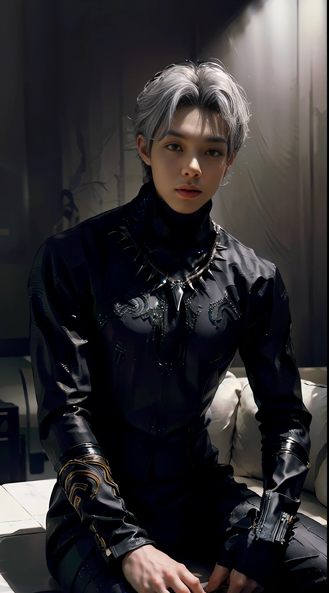 (Extreme Detail CG Unity 8K wallpaper, masterpiece, high quality), (Exquisite lighting and shadow, highly dramatic image, cinematic lens effect), a boy, , in a white black panther costume, silver gray hair color, from the parallel universe of black panther, Wenger, Marvel, black panther, sitting on the couch, dynamic pose), (excellent detail, excellent lighting, wide angle), (excellent rendering, enough to stand out in his class), focus on white Black Panther costumes, complex panther textures