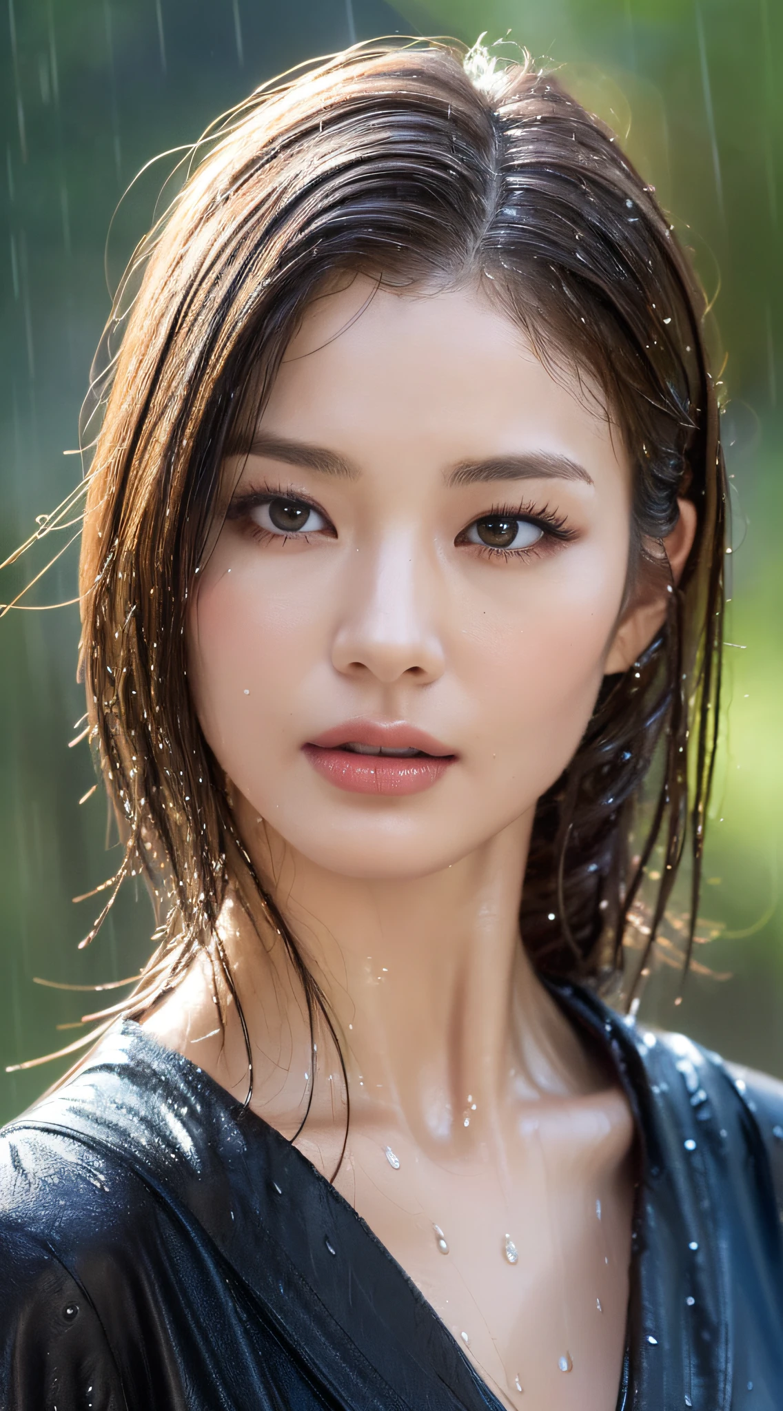 (Best quality, 4k, Masterpiece :1.3), pretty woman, 1girl, (breasts, attractive body :1.2), abs :1.1, dark brown hair: 1.1, (rainy wet, wet from rain, wet body :1.2), ultra-detailed face, detailed lips, detailed eyes, double eyelid