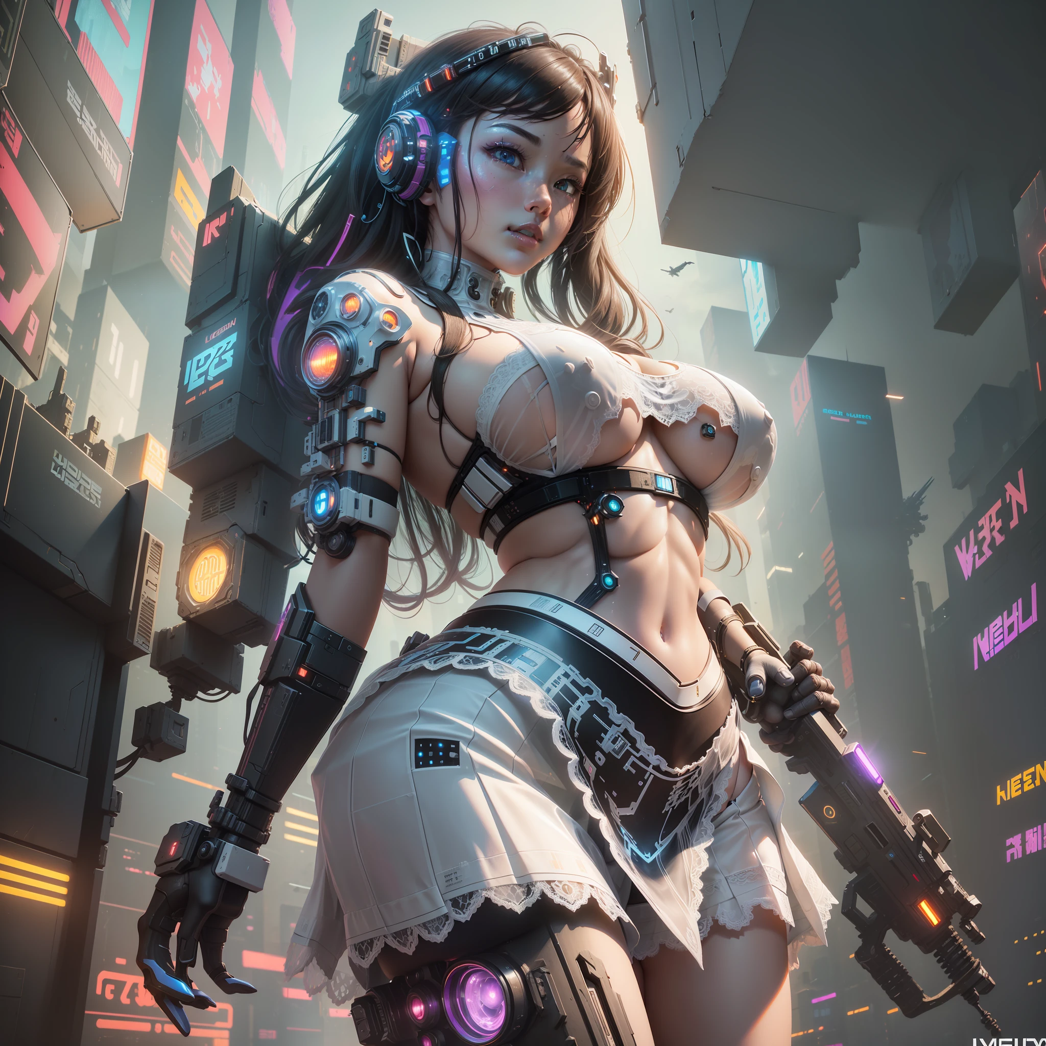 ((Best quality)), ((masterpiece)), (highly detailed:1.3), 3D, beautiful, (cyberpunk:1.6), in space, nebula, (holding_weapon:1.3), laser, (1Female mecha:1.3), sexy body, facing the audience, Glowing eyes, full body, (flying, swooping down, dynamic, motion blur: 1.4), (huge mech wings: 1.6), looking up, glowing_eyes, mecha, panorama, background is earth, nebula, space, particles, Reality, HDR (High Dynamic Range), Ray Tracing, NVIDIA RTX, Super Resolution, Unreal 5, Subsurface Scattering, PBR Textures, Post Processing, Anisotropic Filtering, Depth of Field, Maximum Clarity and Clarity, Multilayer Textures, Albedo and Specular maps, Surface shading, accurate simulation of light-material interaction, perfect proportions, Octane Render, two-tone lighting, large aperture, low ISO, white balance, rule of thirds, 8K RAW, efficient sub-pixel, sub-pixel volume product,  (best quality),(Japanese:0.5),(korean:0.8), (Liu Yi Fei:1.5) long hair, (big breast:1.2),(underboob:1.5), (white transparent lace mini skirt:1.5)