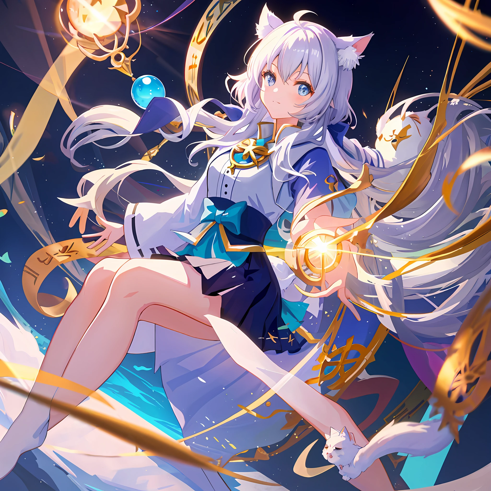 logo,cat girl,anime style,upward、high quality,8k,priestess,white fur,
