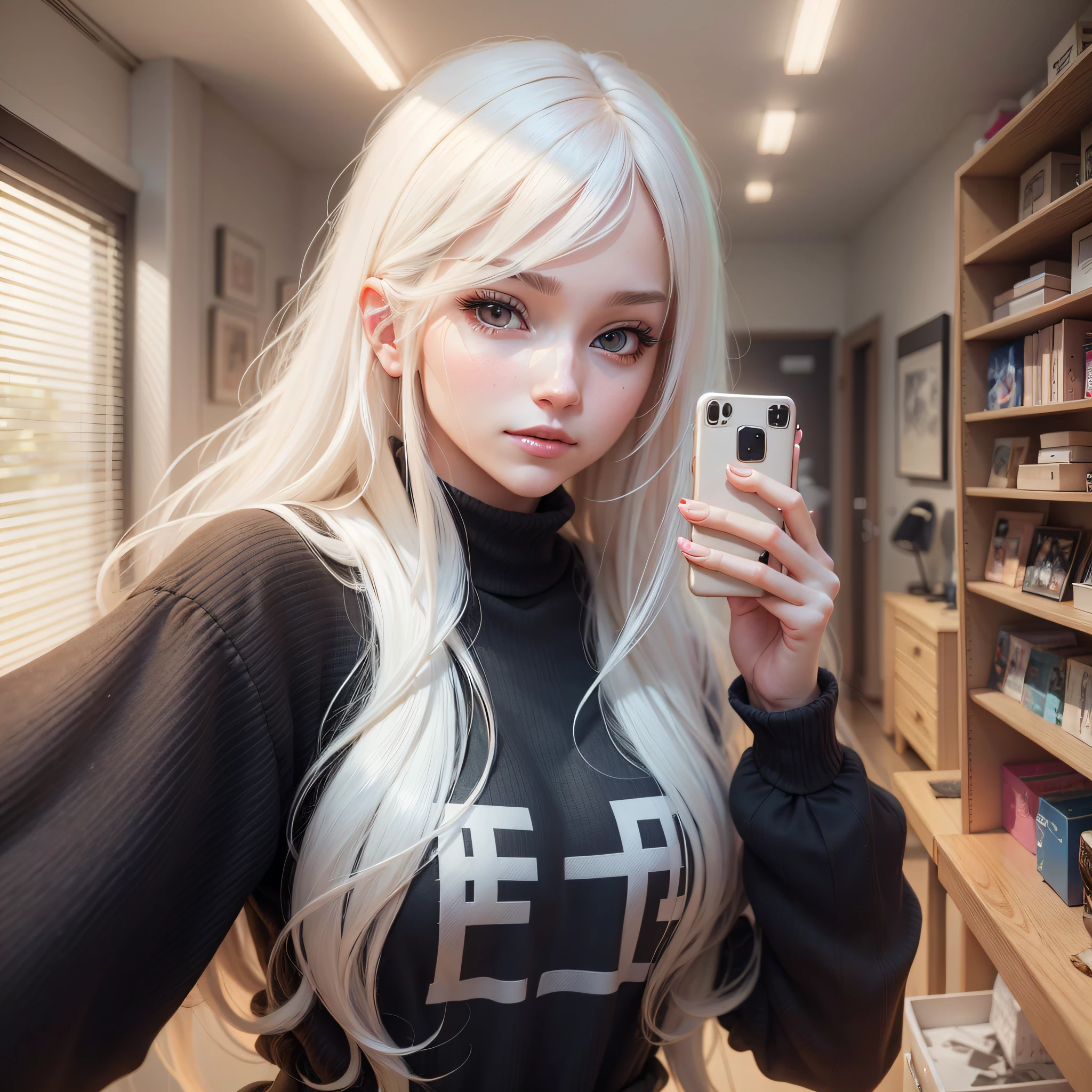 blonde haired girl taking a selfie, very beautiful girl, anime girl in real life, with long white hair, attractive girl, realistic 3d style, long white hair and bangs, belle delphine, her hair is white, very beautiful anime girl --auto --s2