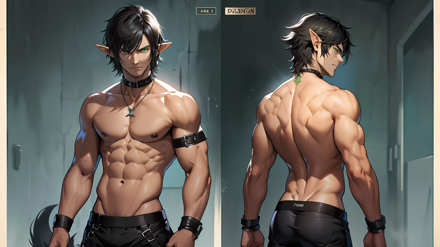 (absurdres, highres, ultra detailed), 1 male, elf adult, handsome, tall slender guy, narrow eyes, narrow shoulders, finely detailed eyes and detailed face, messy shaggy black hair, side bangs, bangs, green eyes, sexy twink, shirtless, final fantasy 14, dog collar, full body shot, backside, back view, submissive expression, bad boy