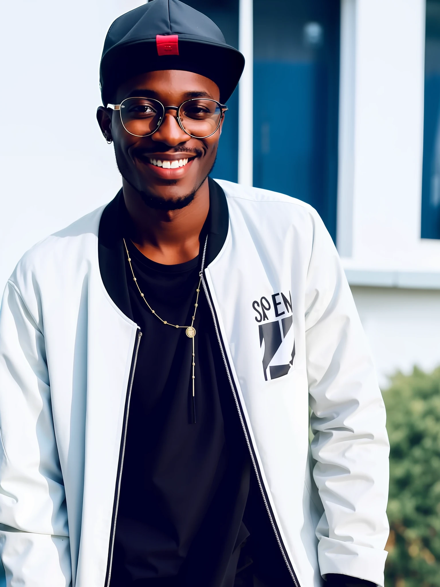 smiling man in black and white jacket and glasses standing outside, inspired by Theo Constanté, inspired by Barthélemy Menn, he is about 2 , inspired by Chinwe Chukwuogo-Roy, in style of davey adesida, casually dressed, high quality portrait, riyahd cassiem, inspired by Ras Akyem