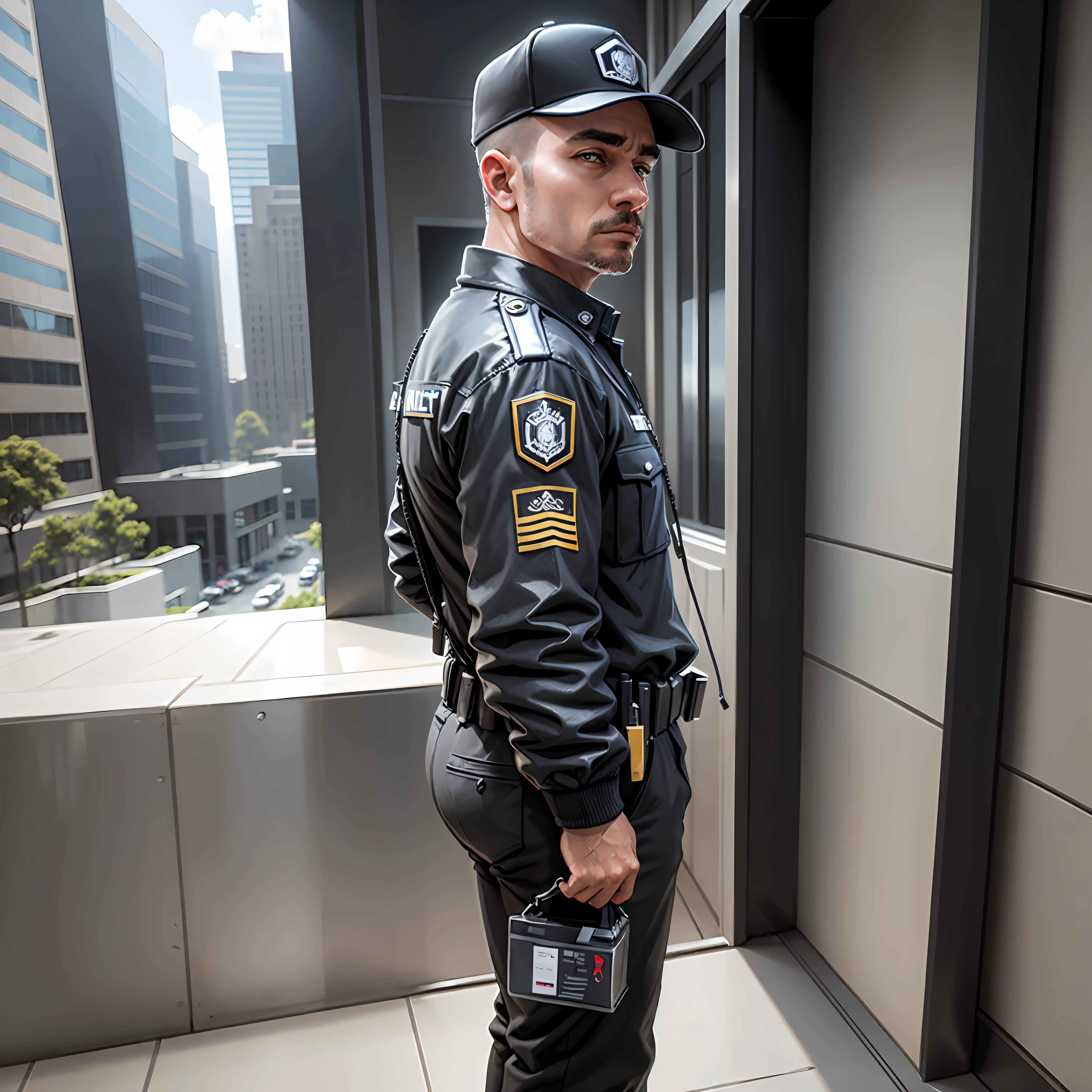 create the image of an attentive male security guard professionally monitoring a building's facilities --auto --s2