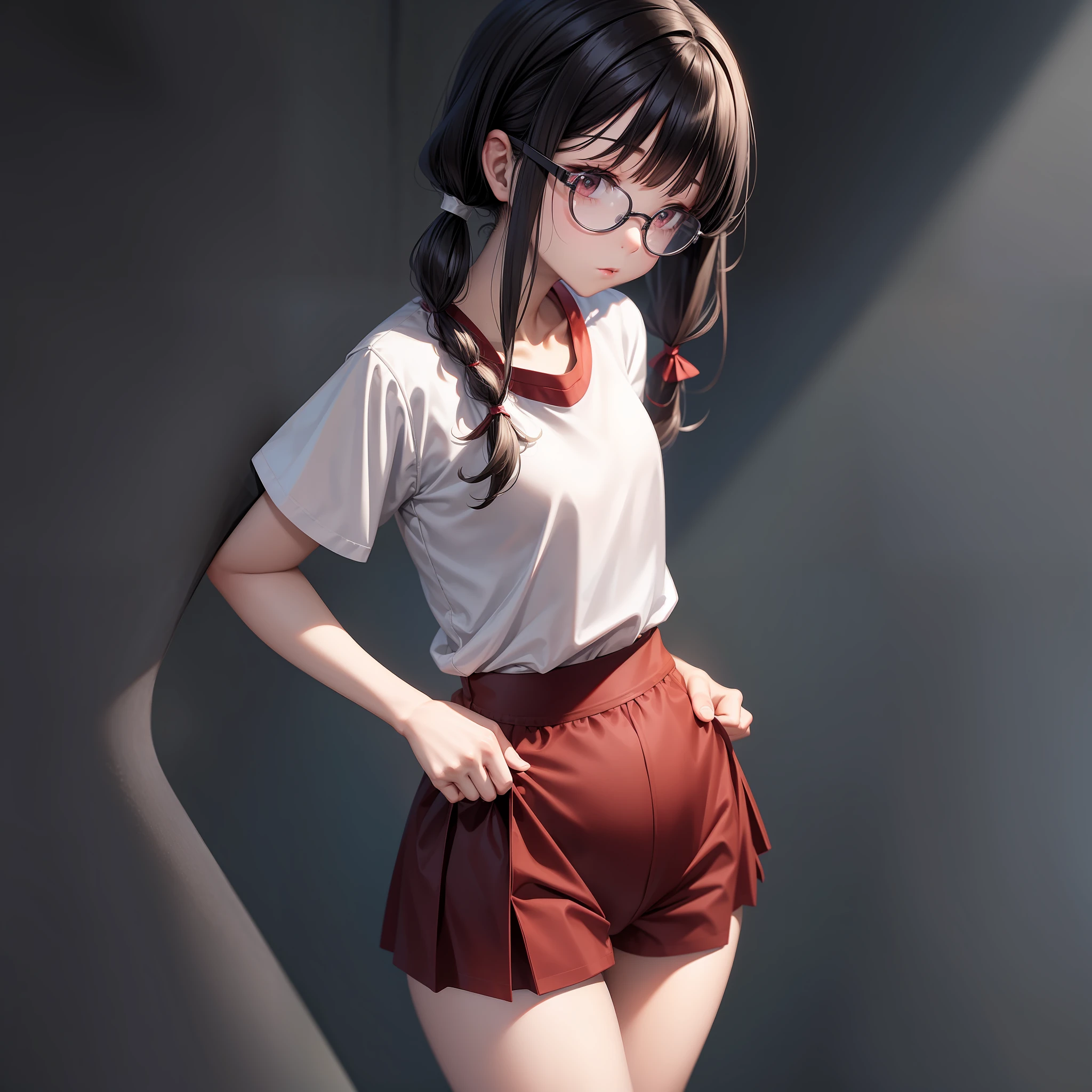 One slender girl, short sleeved shirt in white gym clothes, dark red school bloomers, pigtails, thick black-rimmed glasses, very thin waist, high waist