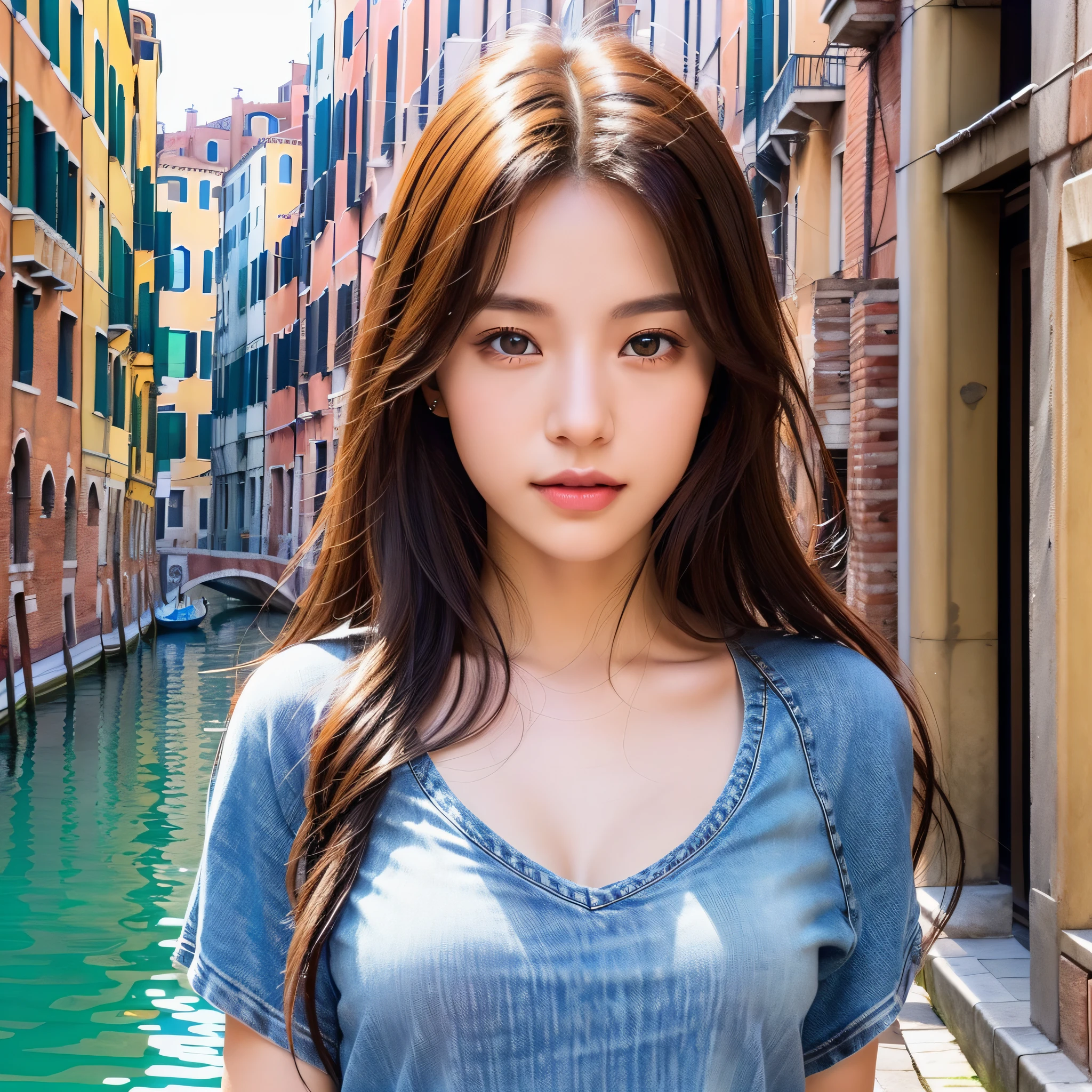 T-shirt, jeans, (Venice: 1.2), (RAW photo, highest quality), (realistic, photorealistic: 1.4), masterpiece, very delicate and beautiful, very detailed, amazing, fine detail, highly detailed CG Unity 8k wallpaper, super detailed, high resolution, soft light, beautiful detailed girl, highly detailed eyes and face, beautiful detailed nose, beautiful detailed eyes, movie lighting, Perfect anatomy, (slim body: 1.3), smile, long hair, Japan person, 20s