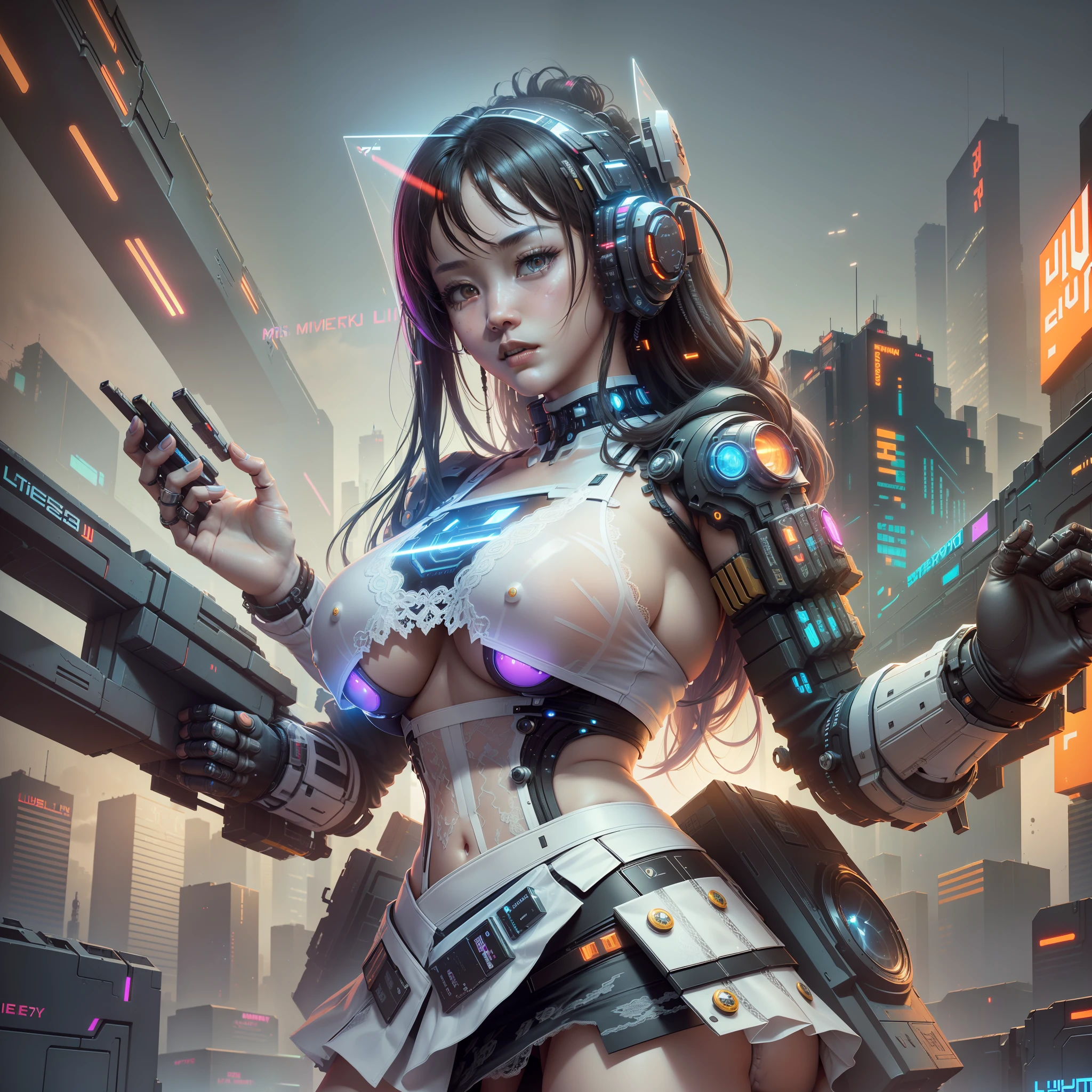 ((Best quality)), ((masterpiece)), (highly detailed:1.3), 3D, beautiful, (cyberpunk:1.6), in space, nebula, (holding_weapon:1.3), laser, (1Female mecha:1.3), sexy body, facing the audience, Glowing eyes, full body, (flying, swooping down, dynamic, motion blur: 1.4), (huge mech wings: 1.6), looking up, glowing_eyes, mecha, panorama, background is earth, nebula, space, particles, Reality, HDR (High Dynamic Range), Ray Tracing, NVIDIA RTX, Super Resolution, Unreal 5, Subsurface Scattering, PBR Textures, Post Processing, Anisotropic Filtering, Depth of Field, Maximum Clarity and Clarity, Multilayer Textures, Albedo and Specular maps, Surface shading, accurate simulation of light-material interaction, perfect proportions, Octane Render, two-tone lighting, large aperture, low ISO, white balance, rule of thirds, 8K RAW, efficient sub-pixel, sub-pixel volume product,  (best quality),(Japanese:0.5),(korean:0.8), (Liu Yi Fei:1.5) long hair, (big breast:1.2),(underboob:1.5), (white transparent lace mini skirt:1.5)