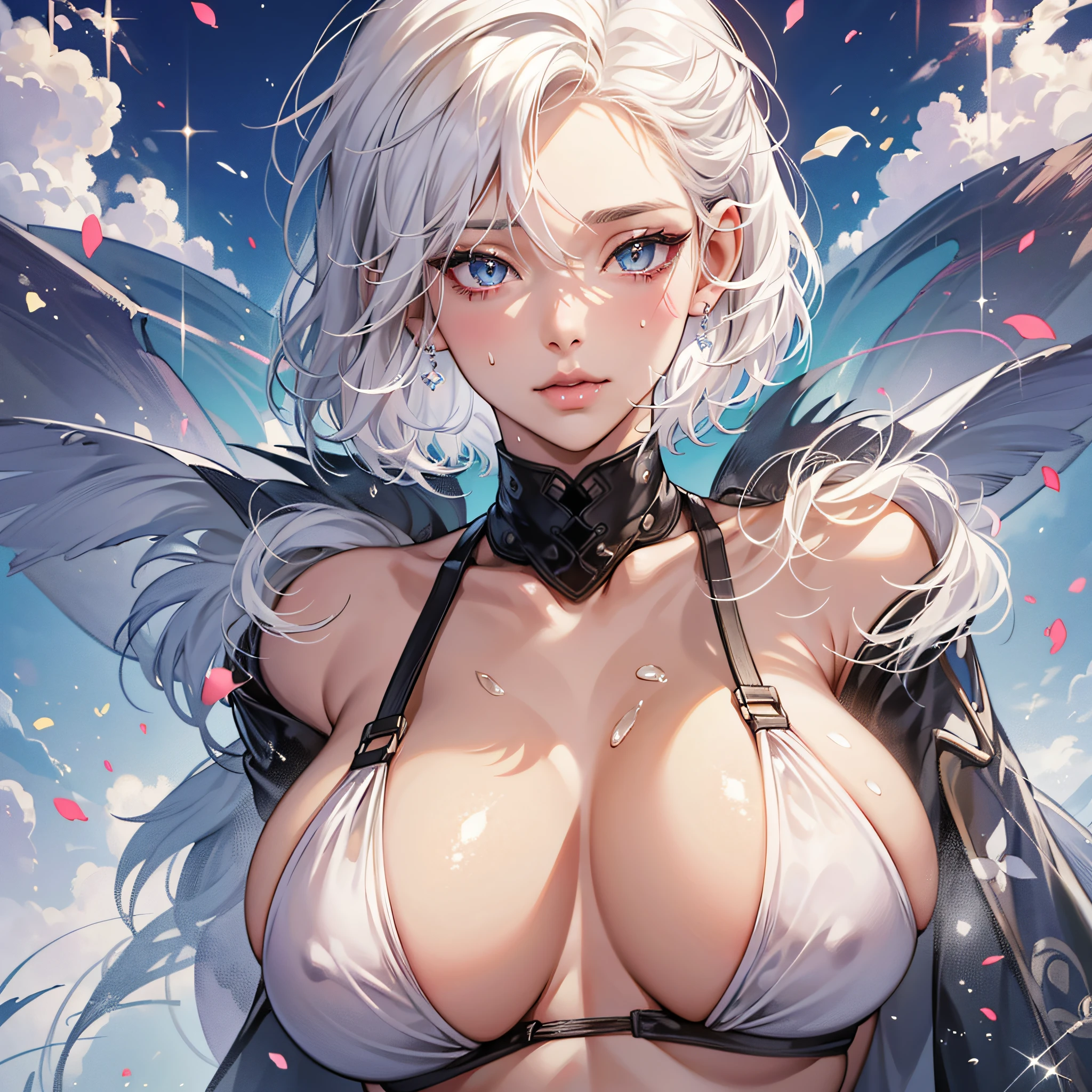 White hair, short hair, big breasts, puffy breasts, looking at viewer, sexy face, vulgar look, bikini, holding breasts, sweat, beautiful face, face, high detail, anime, 8k, super detail, shiny skin, beautiful eyes, sparkling eyes, beautiful figure, --auto --s2