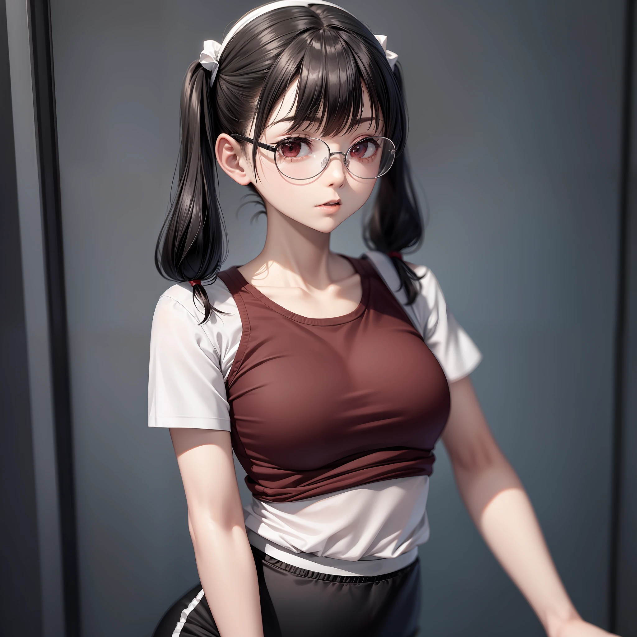One slender girl, short sleeved shirt in white gym clothes, dark red school bloomers, pigtails, thick black-rimmed glasses, very thin waist, high waist
