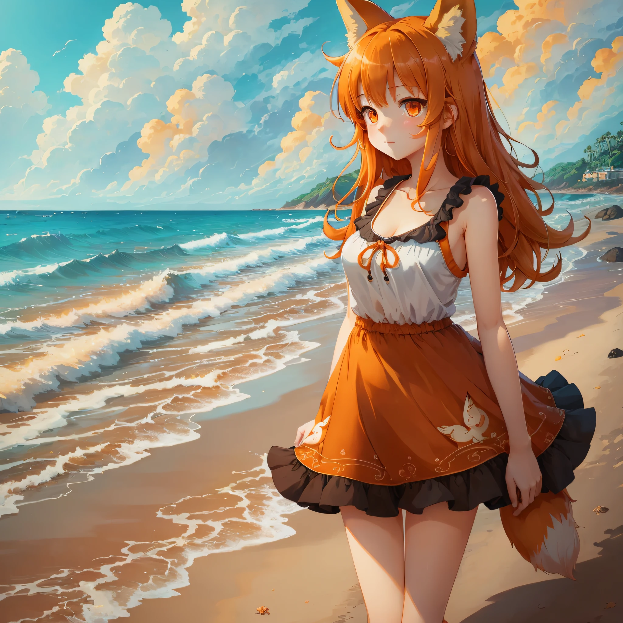 Absurd, masterpiece, high quality, highly detailed, 1girl, lifeland, fox girl, orange hair, short dress, standing, shoulders exposed, legs crossed, arms to shoulders, beach, sea, manga style --auto --s2