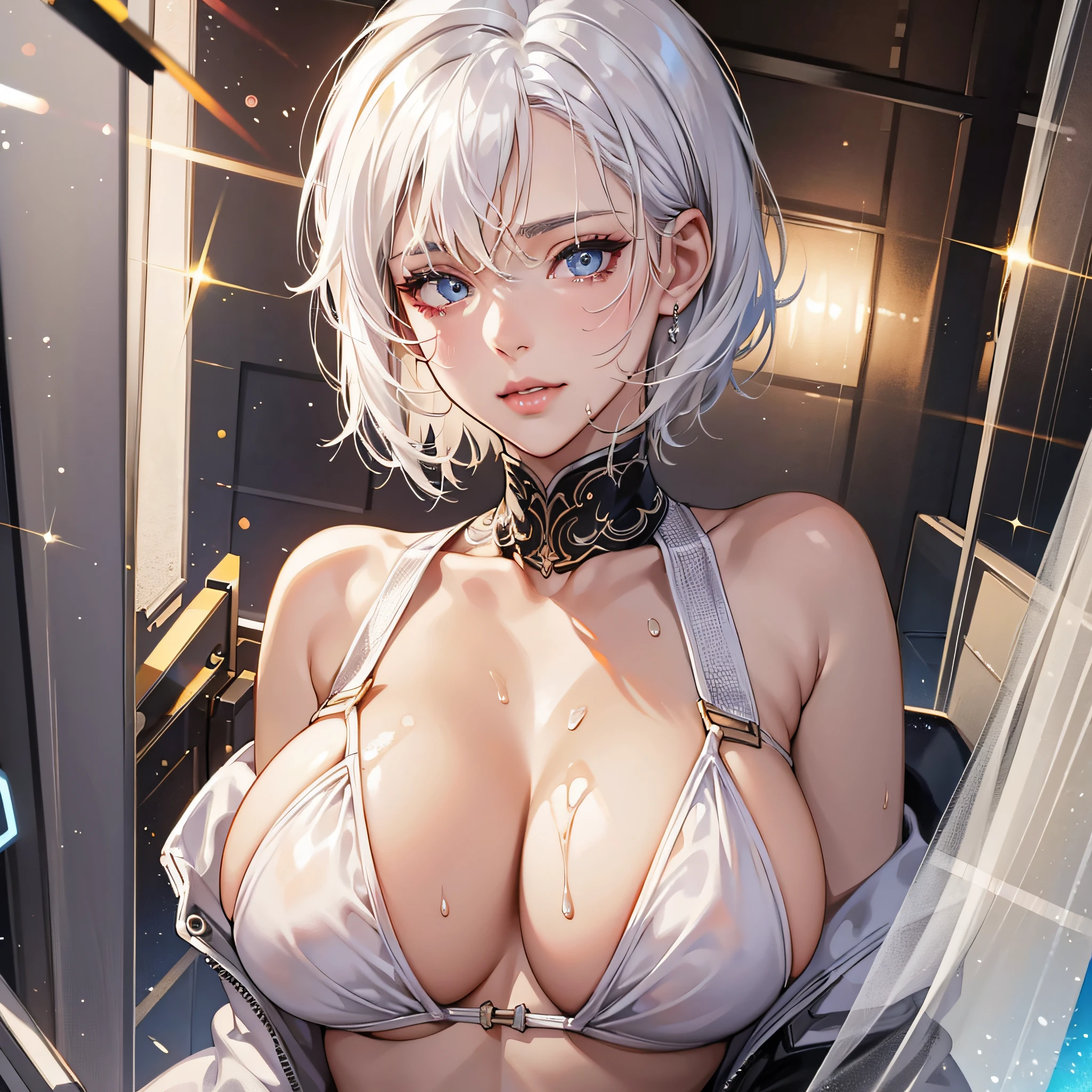 White hair, short hair, big breasts, puffy breasts, looking at viewer, sexy face, vulgar look, bikini, holding breasts, sweat, beautiful face, face, high detail, anime, 8k, super detail, shiny skin, beautiful eyes, sparkling eyes, beautiful figure, --auto --s2