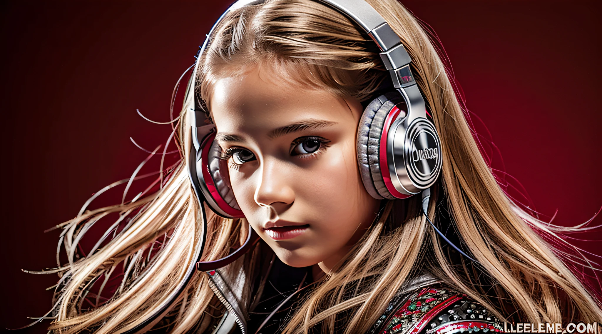 GIRL child 12 years old, RUSSIAN BLONDE long hair and headphones, portrait, SILVER LEATHER JACKET, VINYL AND CDS red background. --auto --s2
