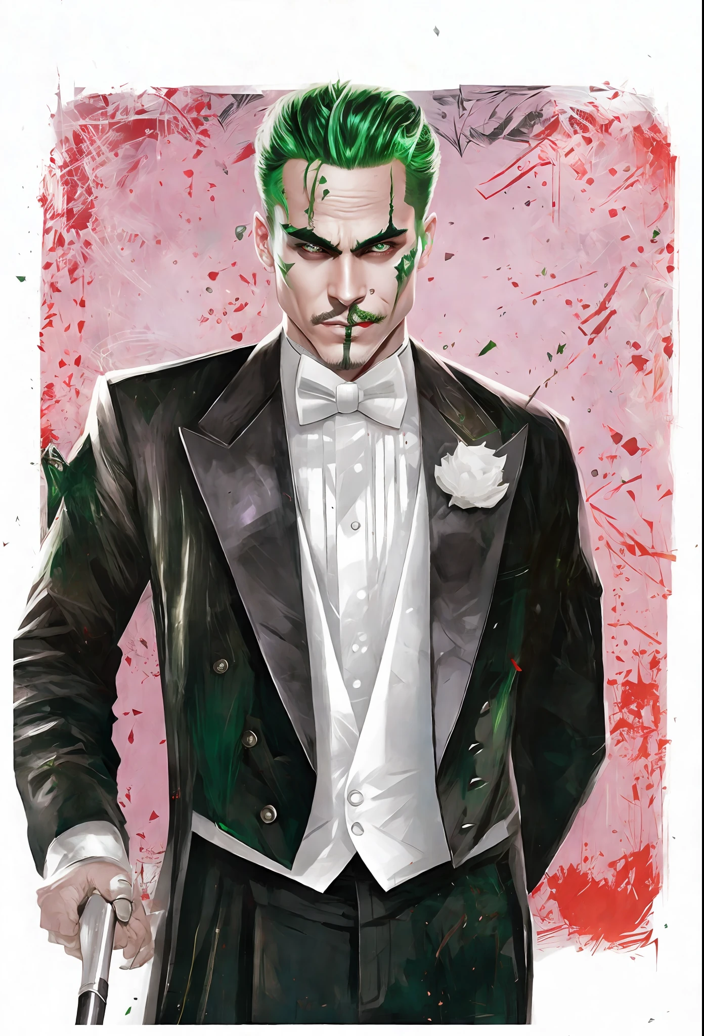 batman joker in tuxedo with green hair and a cane, jayson tatum as guerilla heroica, inspired by Cosmo Alexander, epic portrait illustration, the riddler, official fanart, ben shapiro as the joker, as the joker, epic and classy portrait, ross tran!!!, joker as naruto, inspired by Stan Stokes, rossdraws and jazza, green suit and bowtie --auto --s2