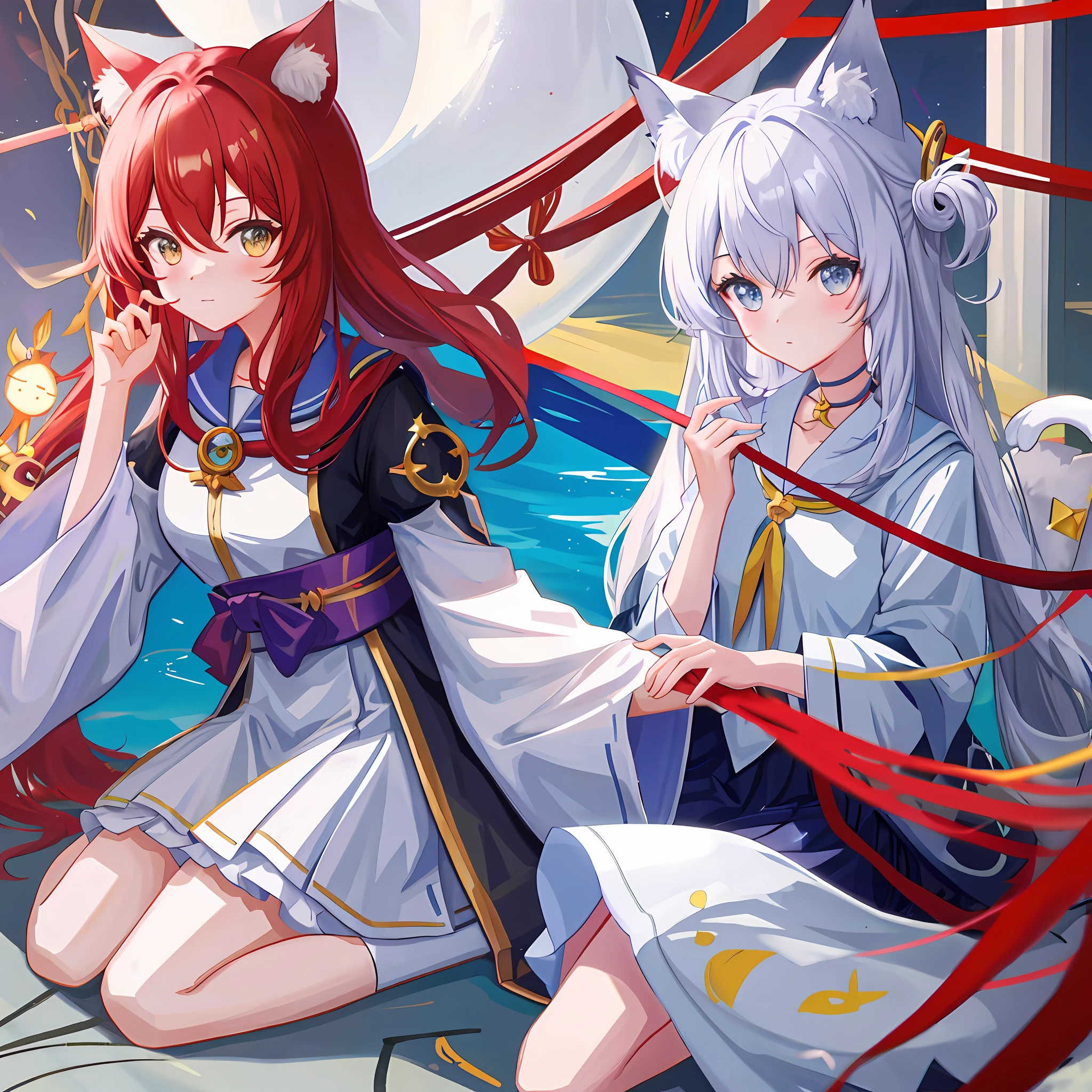 logo,cat girl,anime style,upward、high quality,8k,priestess,white fur,