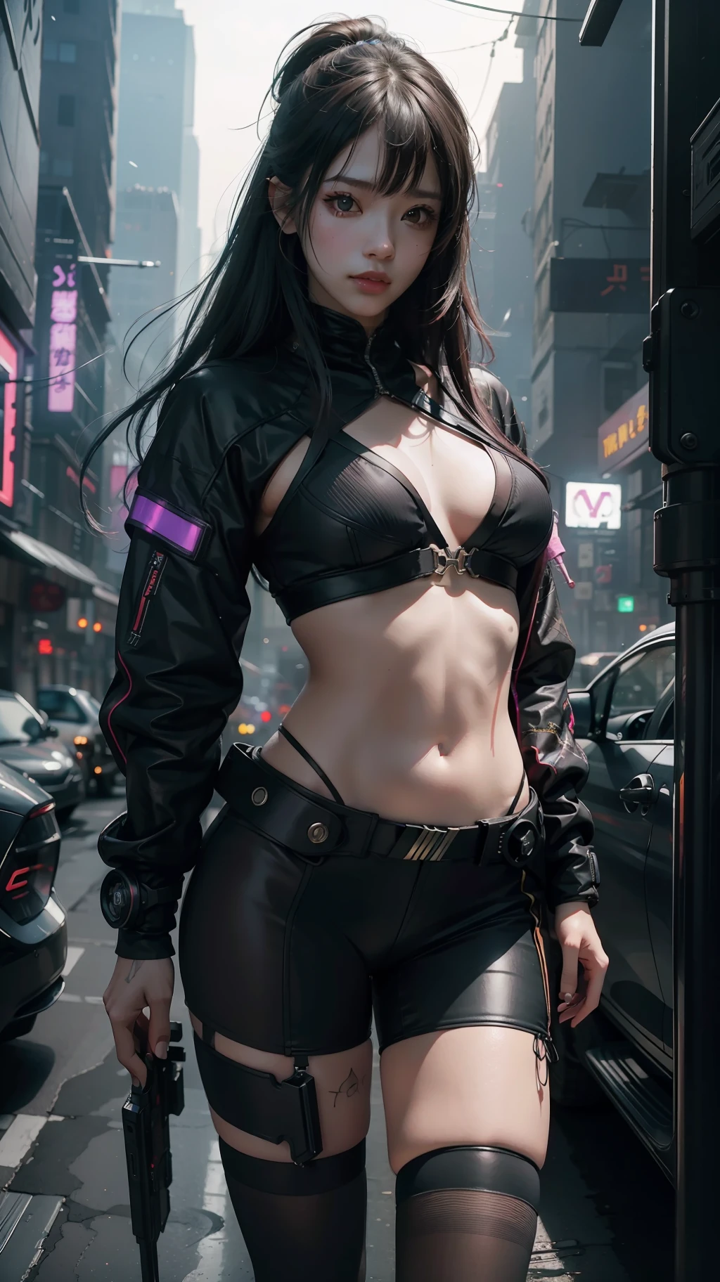 Beautiful hyperrealistic photograph of cute asian cyberpunk girl, wearing colorful cyberpunk clothes, cluttered Blade Runner background, dynamic pose, concept art, By Brian Froud and Carne Griffiths and Wadim Kashin and John William Waterhouse, intricate detail, 8k post-production, High resolution, super Detail, trending on ArtStation, sharp focus, studio photos, intricate detail, depth of field, f/2.8, cinematic illumination, dark shadows.