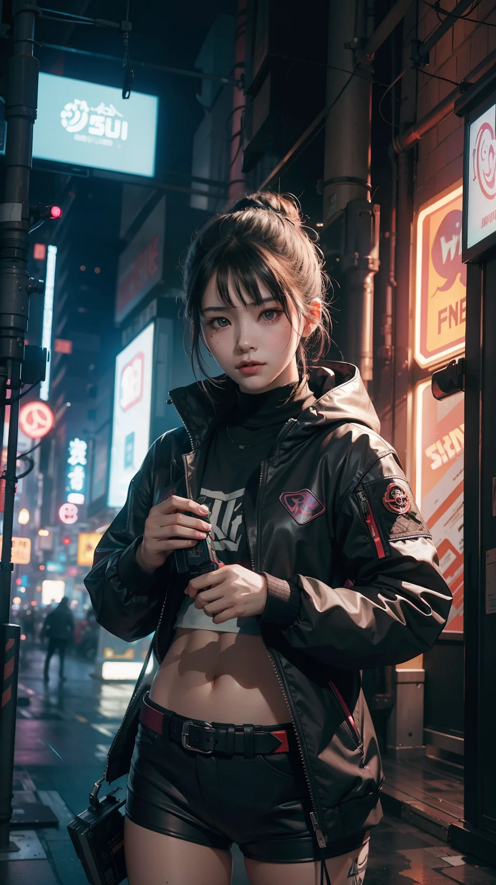 Beautiful hyperrealistic photograph of cute asian cyberpunk girl, wearing colorful cyberpunk clothes, cluttered Blade Runner background, dynamic pose, concept art, By Brian Froud and Carne Griffiths and Wadim Kashin and John William Waterhouse, intricate detail, 8k post-production, High resolution, super Detail, trending on ArtStation, sharp focus, studio photos, intricate detail, depth of field, f/2.8, cinematic illumination, dark shadows.