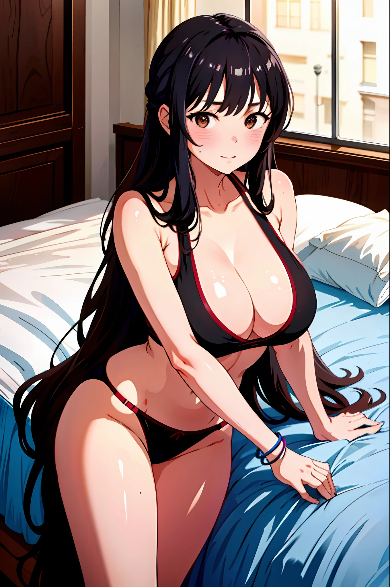 Mature woman, 30 years (beautiful) long black hair tied ((brown colored hair)),brown eyes,lying on the bed,only in red bikini,with big,big curves,all sweaty,with big panting neckline,with bracelets on the arm;