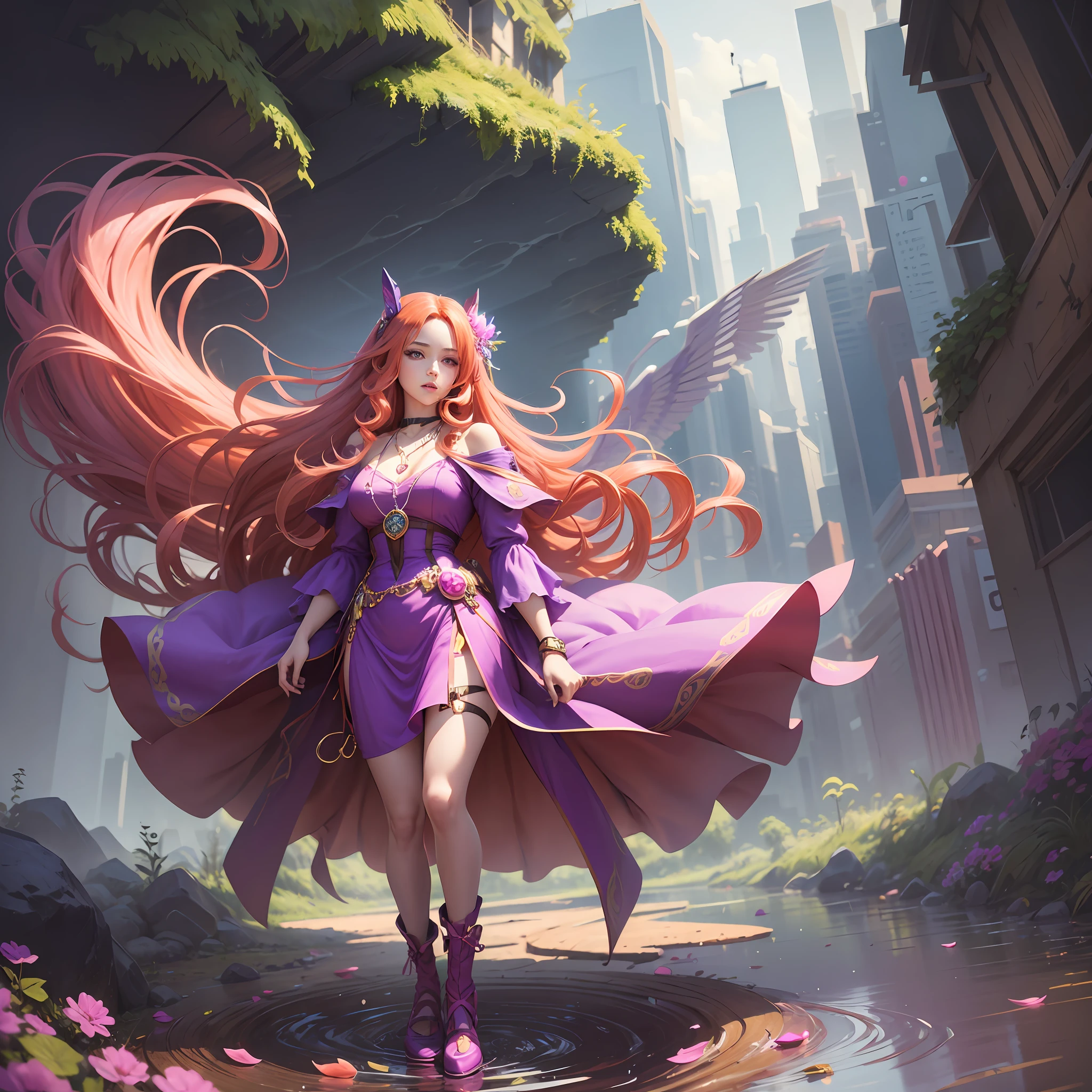 Full body illustration of surprisingly attractive beatiful beautiful girl with long red hair with the tips shining on the pin She is floating wearing purple and pink clothes and necklaces, 3D character --Air 4:3 --Niji 5 --Expressive style --Q 5 --s 750 --auto --s2